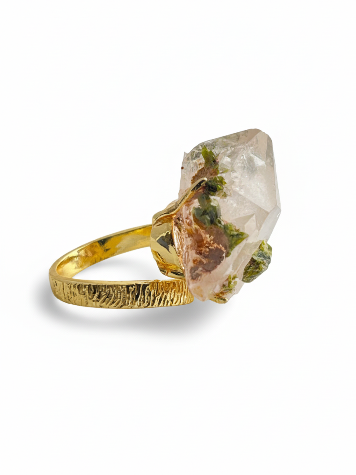 Raw garden quartz epidote ring side view