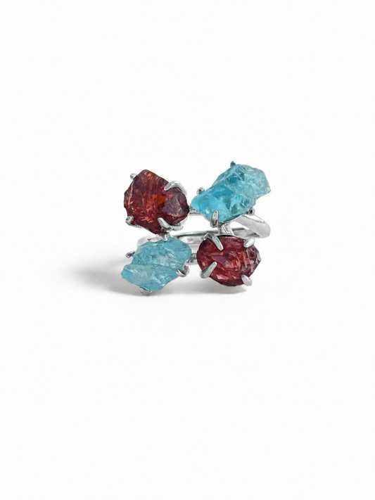 Raw Garnet and Blue Apatite ring with palladium plated brass setting, front view