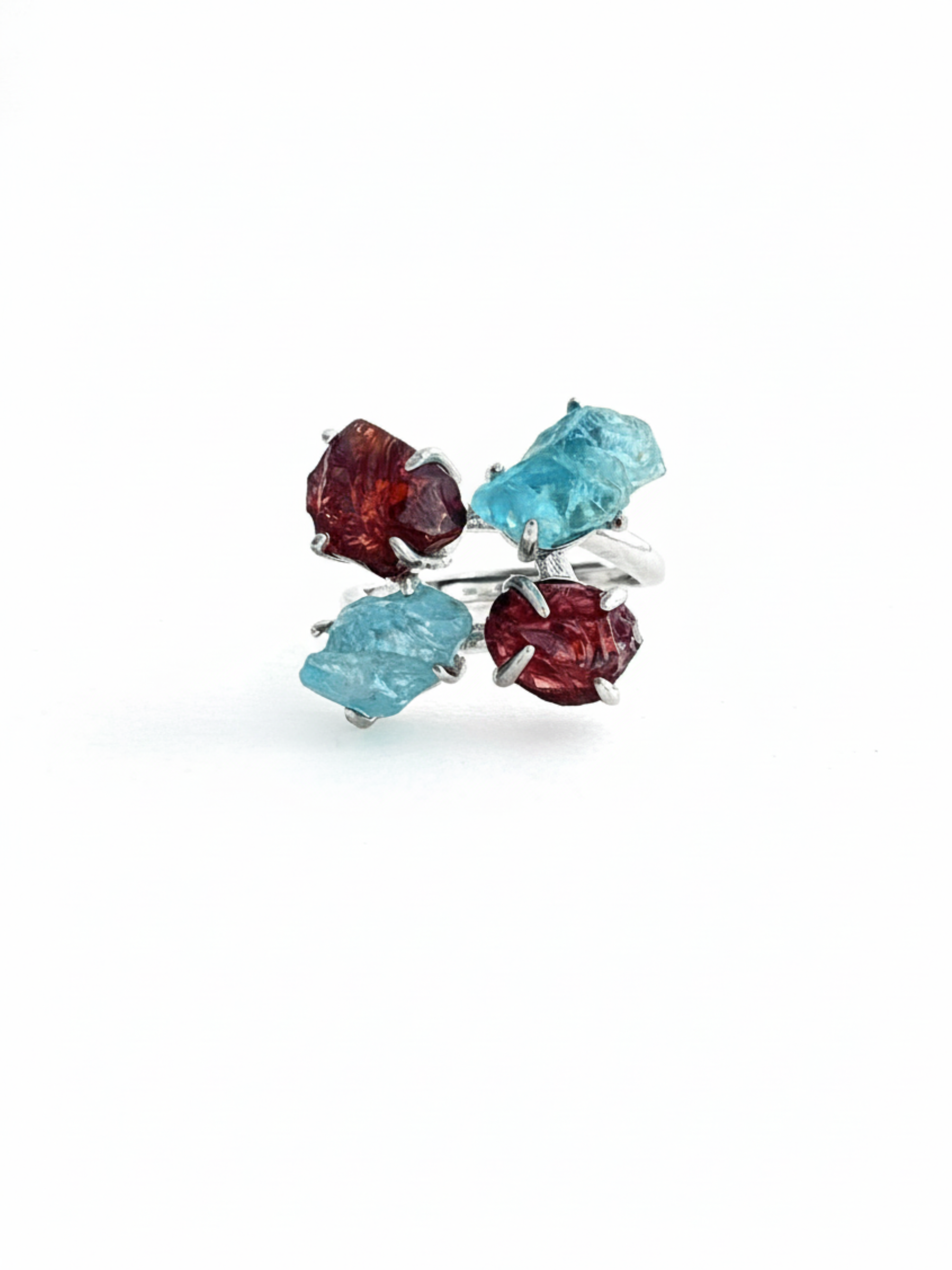Raw Garnet and Blue Apatite ring with palladium plated brass setting, front view