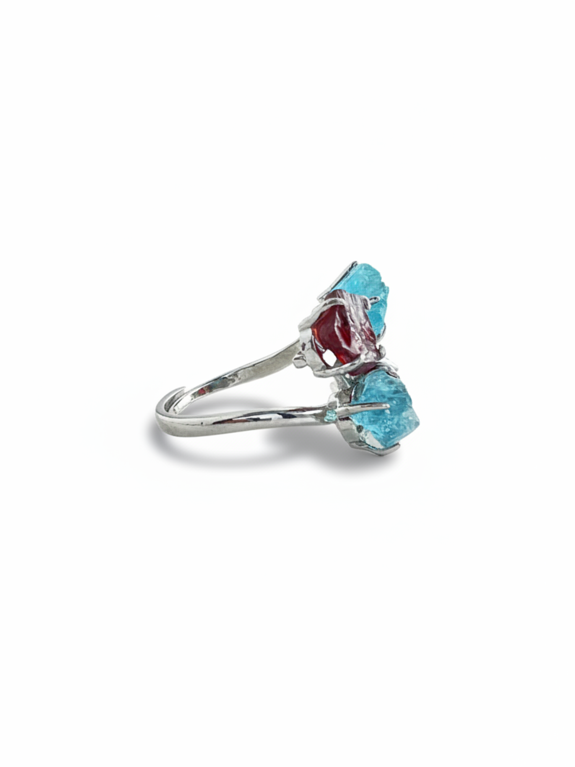 Side view of Raw Garnet and Blue Apatite crystal ring