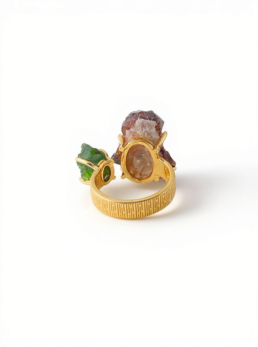 Back view of raw garnet and chrome diopside ring