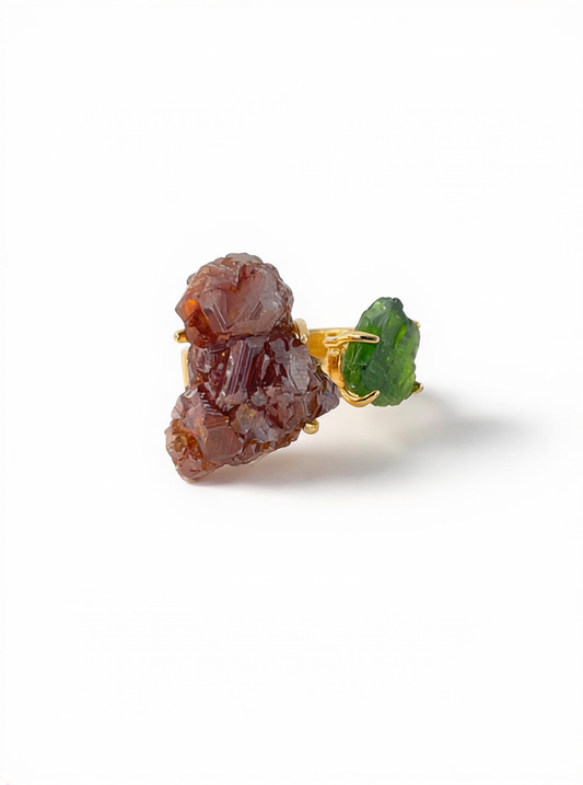 Raw garnet and chrome diopside ring front view