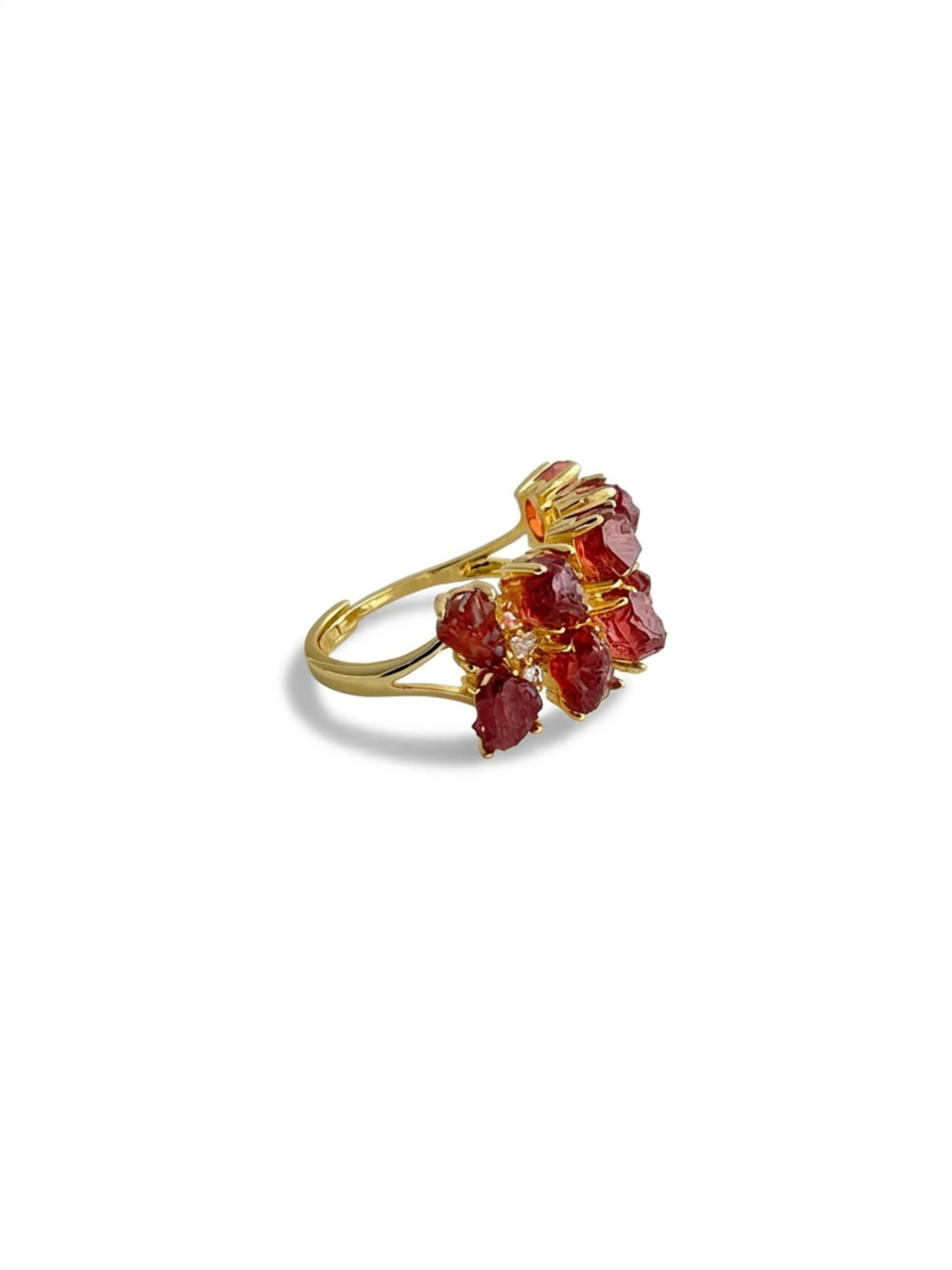 side view raw garnet double row ring