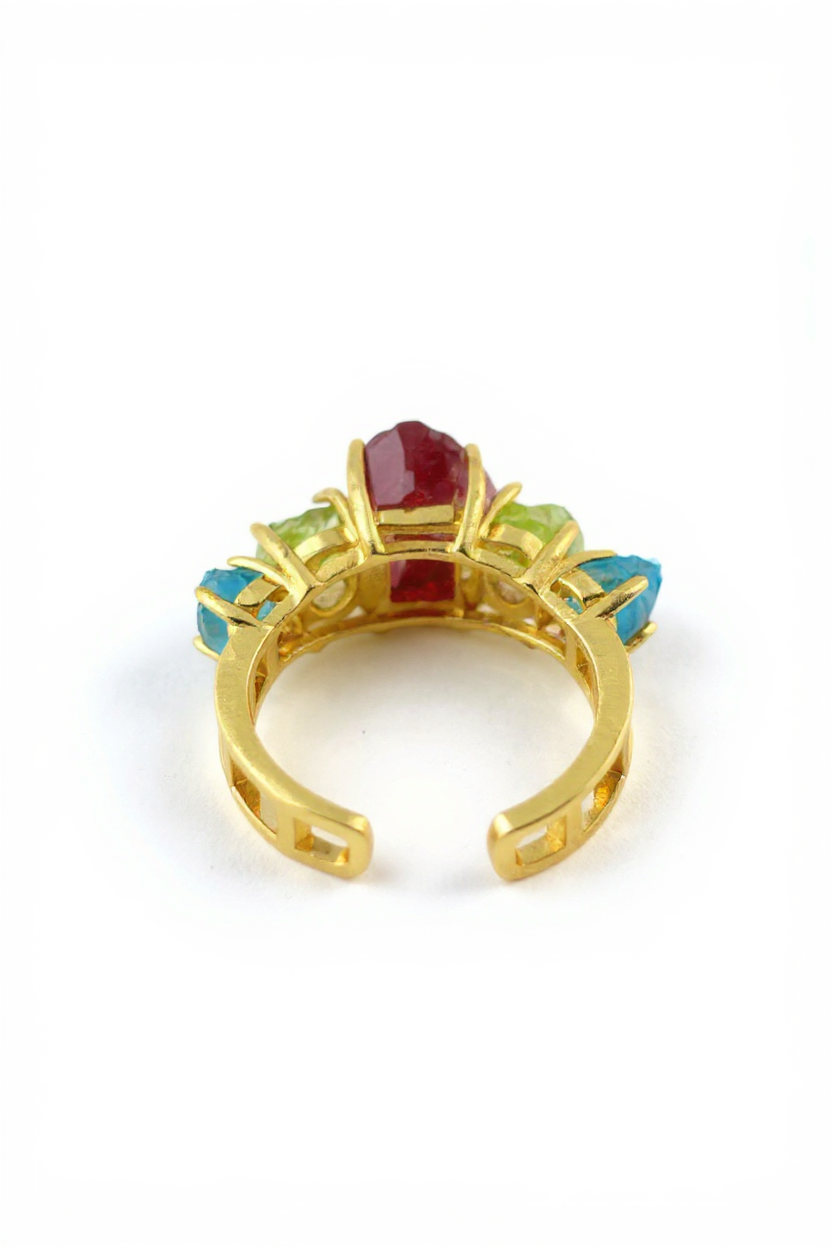 Back view of Raw Garnet, Peridot and Blue Apatite Crystal Ring