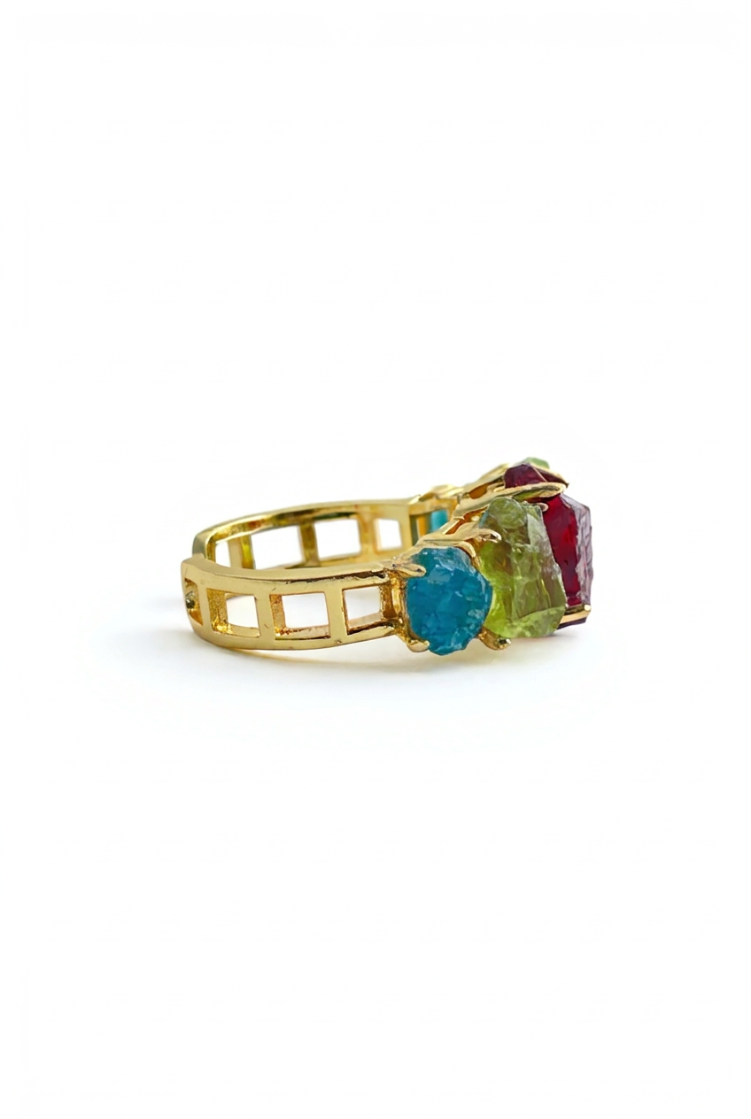 Side view of Raw Garnet, Peridot and Blue Apatite Crystal Ring