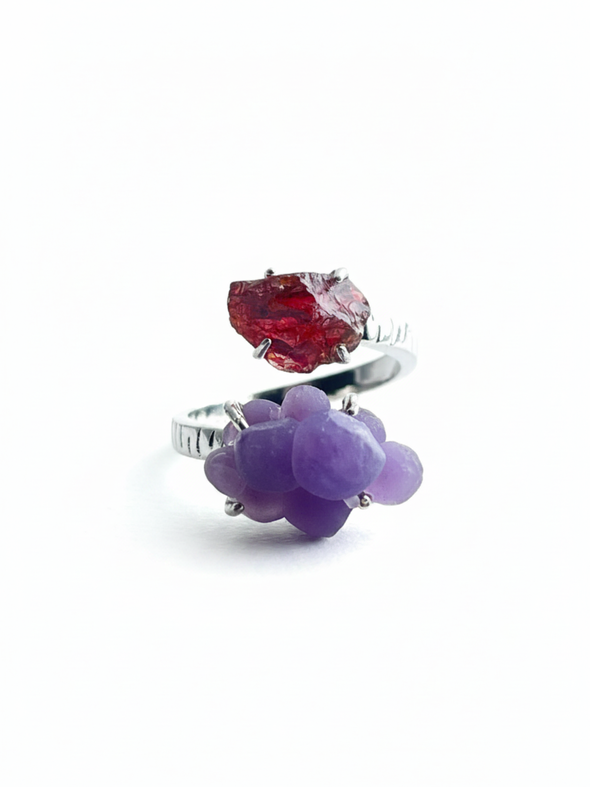 Raw Garnet and Purple Grape Agate two stone ring with red and purple crystals