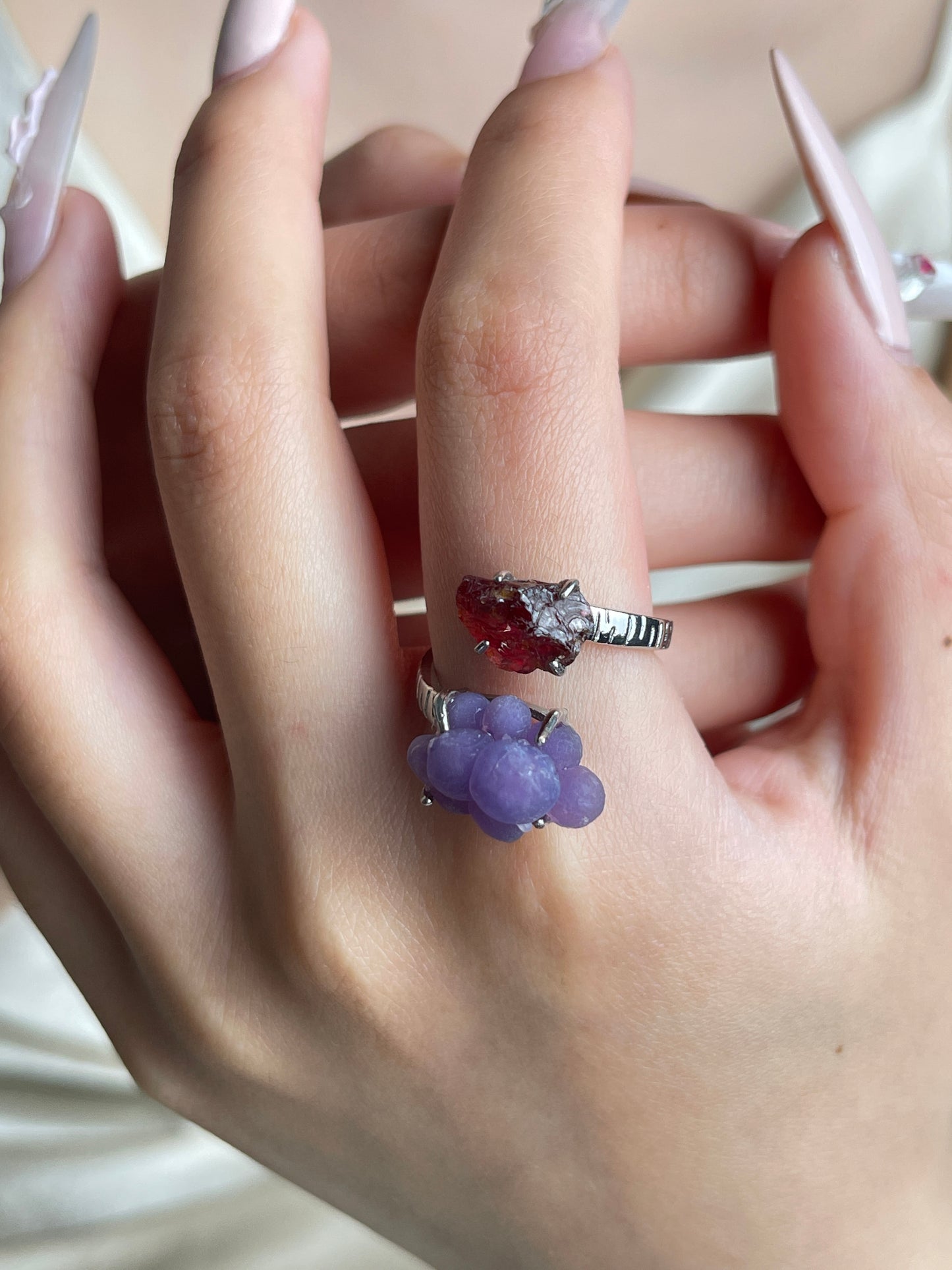 Raw Garnet and Purple Grape Agate two stone ring worn on hand
