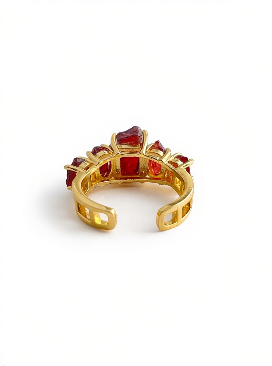 Raw garnet ring back view adjustable band