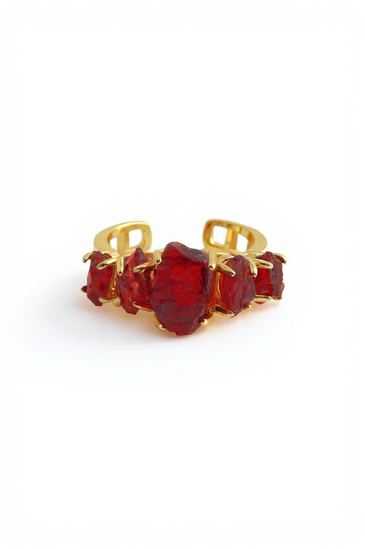 Raw garnet ring natural crystal front view