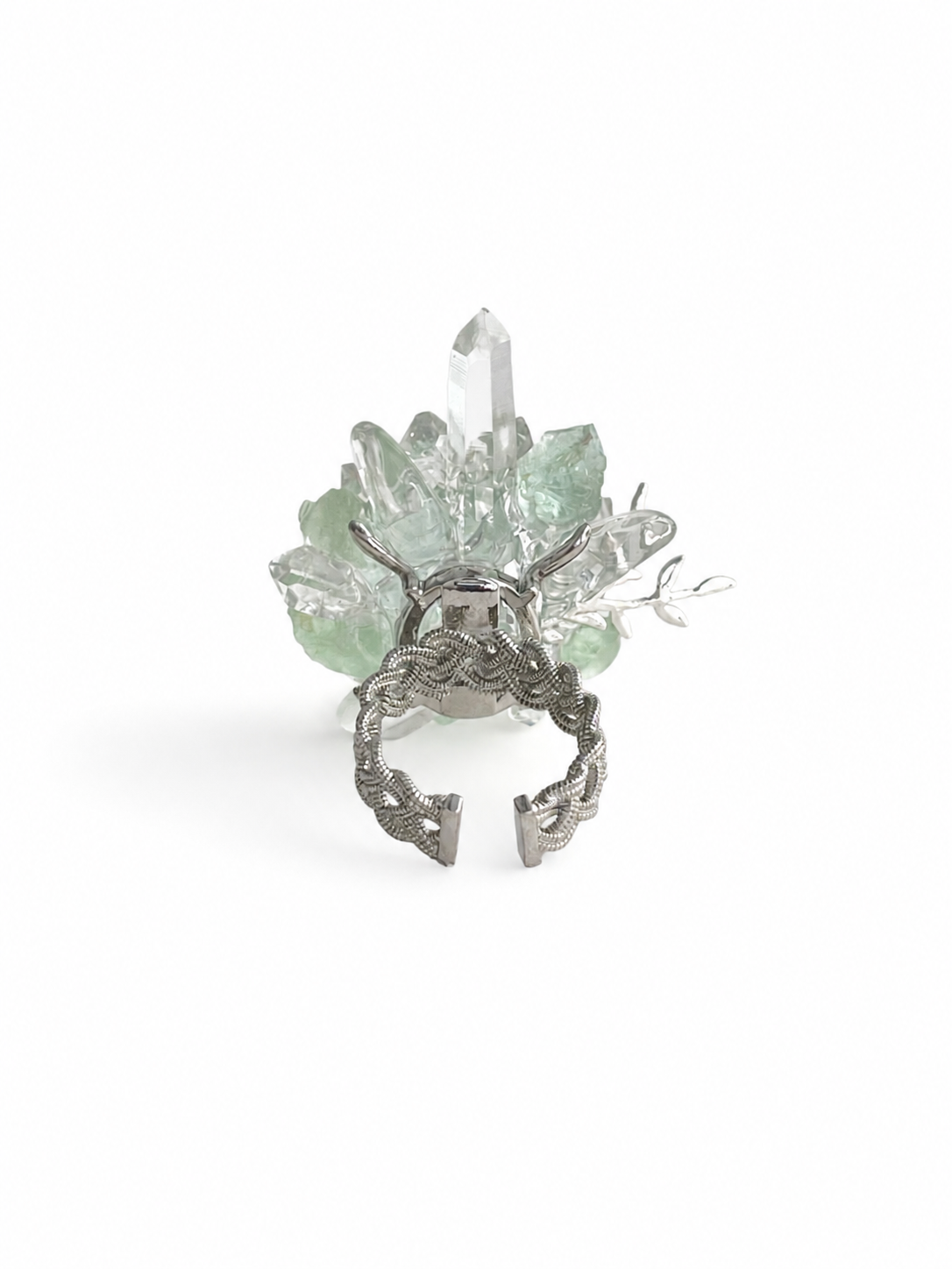 Back view of raw Green Fluorite, Herkimer Diamond Quartz and Lemurian Seed Quartz ring setting
