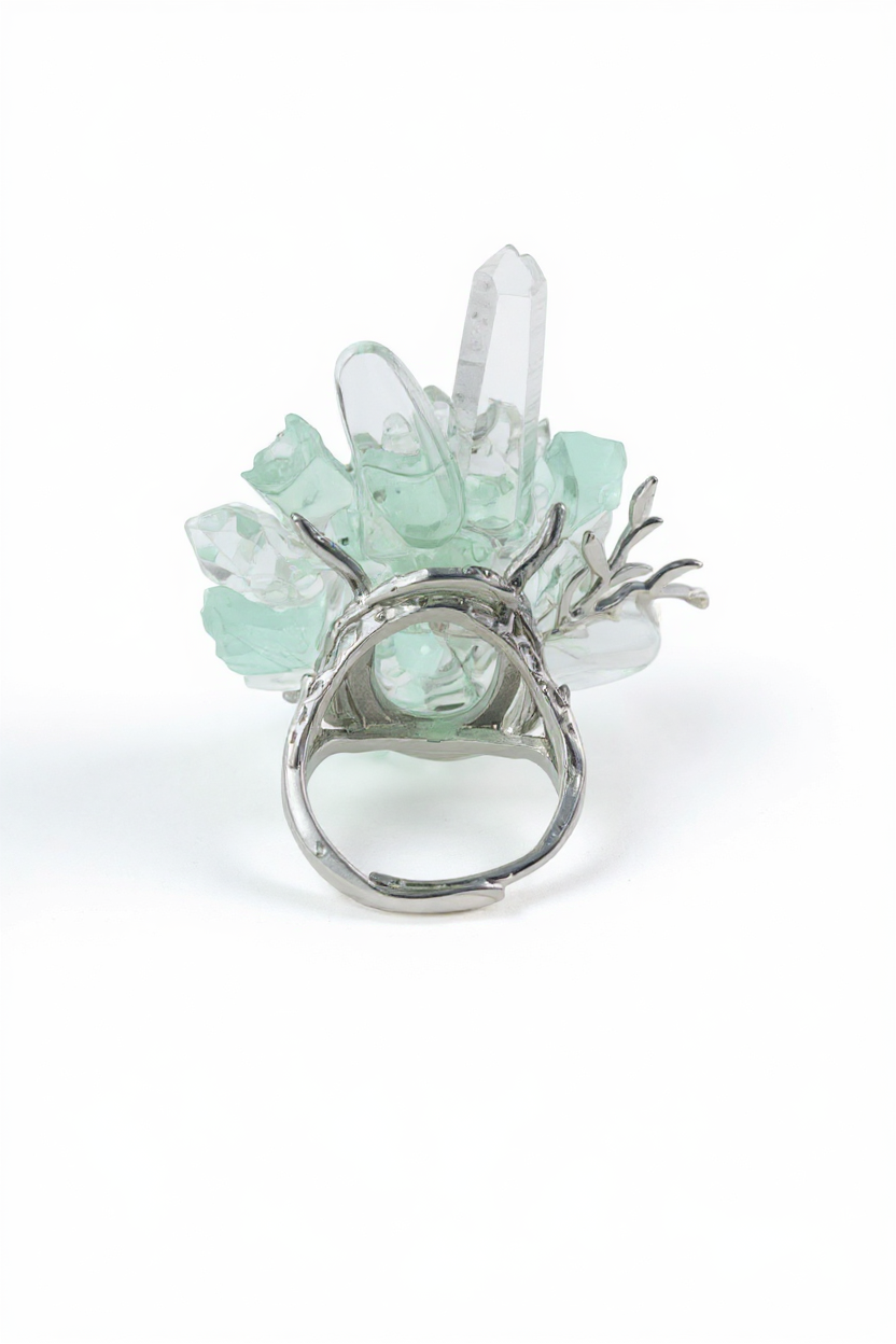 Back view of raw Green Fluorite, Herkimer Diamond Quartz and Lemurian Seed Quartz ring setting