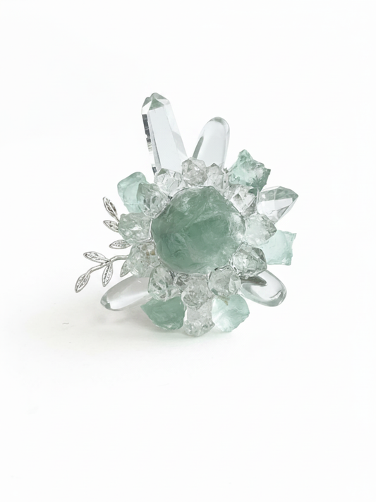Raw Green Fluorite, Herkimer Diamond Quartz, Lemurian Seed Quartz and Clear Quartz ring front view