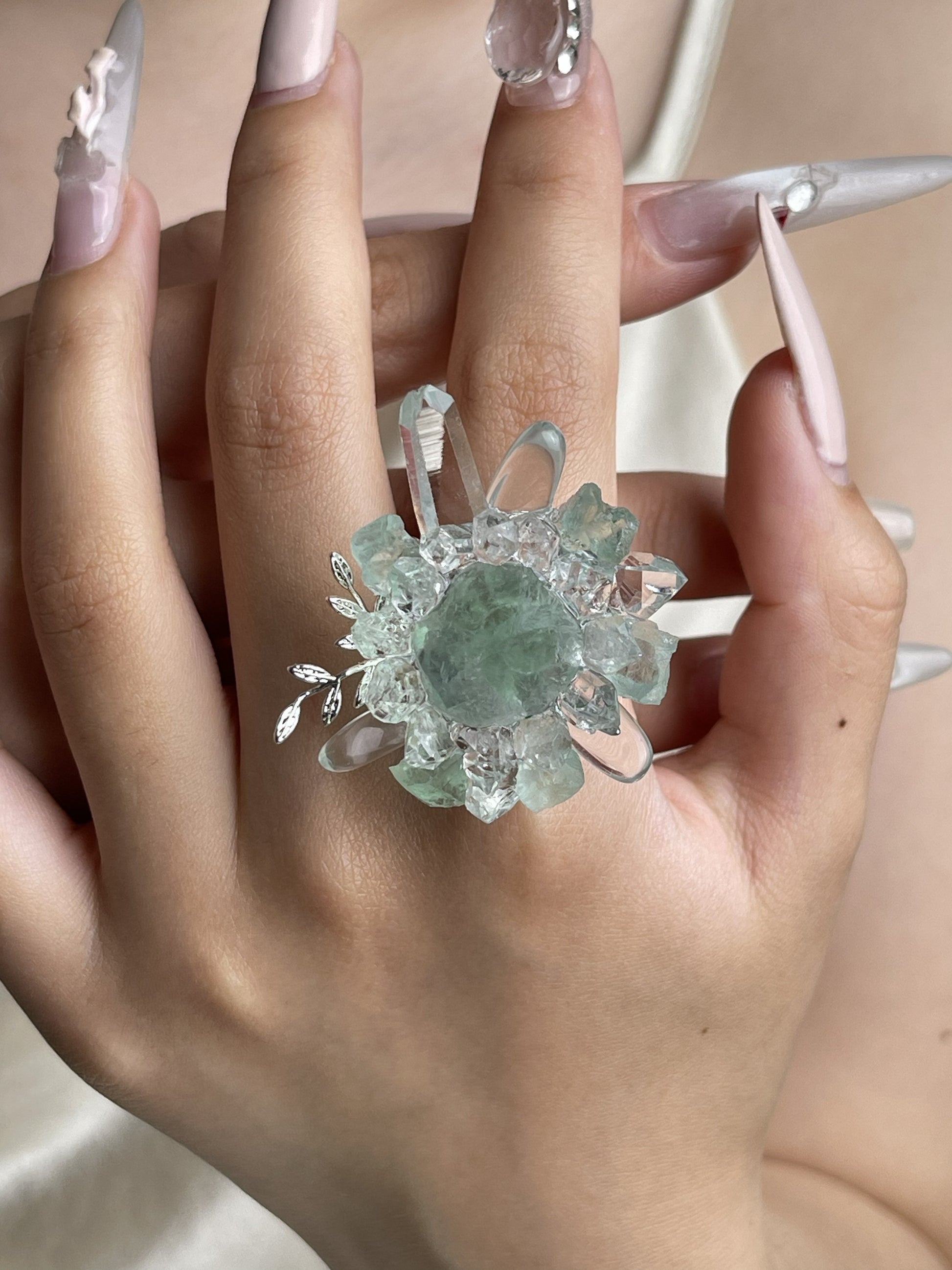 Raw Green Fluorite and Herkimer Diamond Quartz crystal ring worn on hand