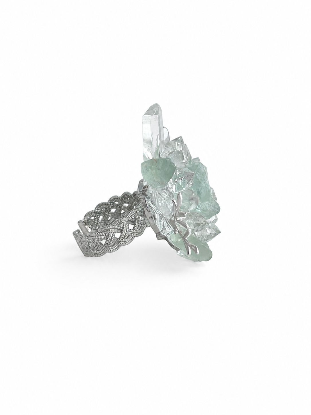 Side view of raw Green Fluorite mineral specimen ring with Herkimer Diamond Quartz and clear quartz points