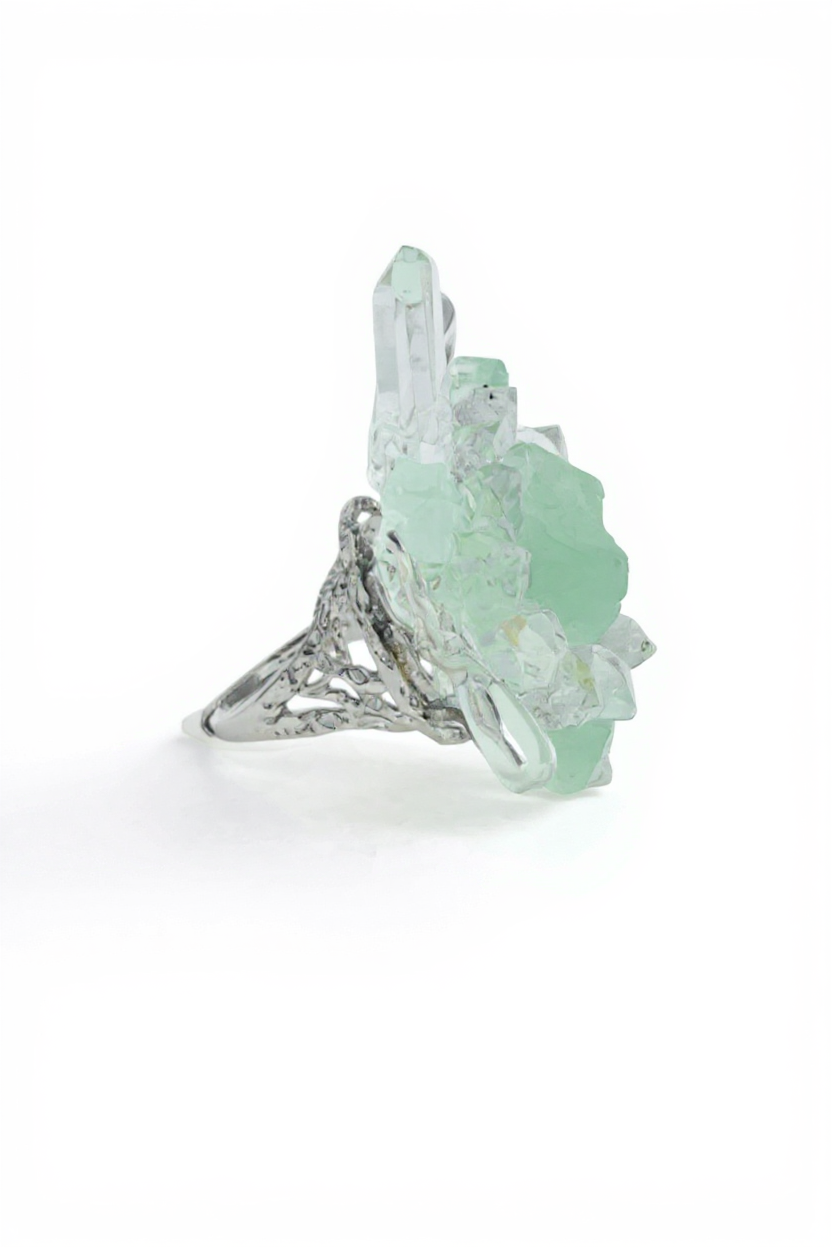 Side view of raw Green Fluorite mineral specimen ring with Herkimer Diamond Quartz and clear quartz points