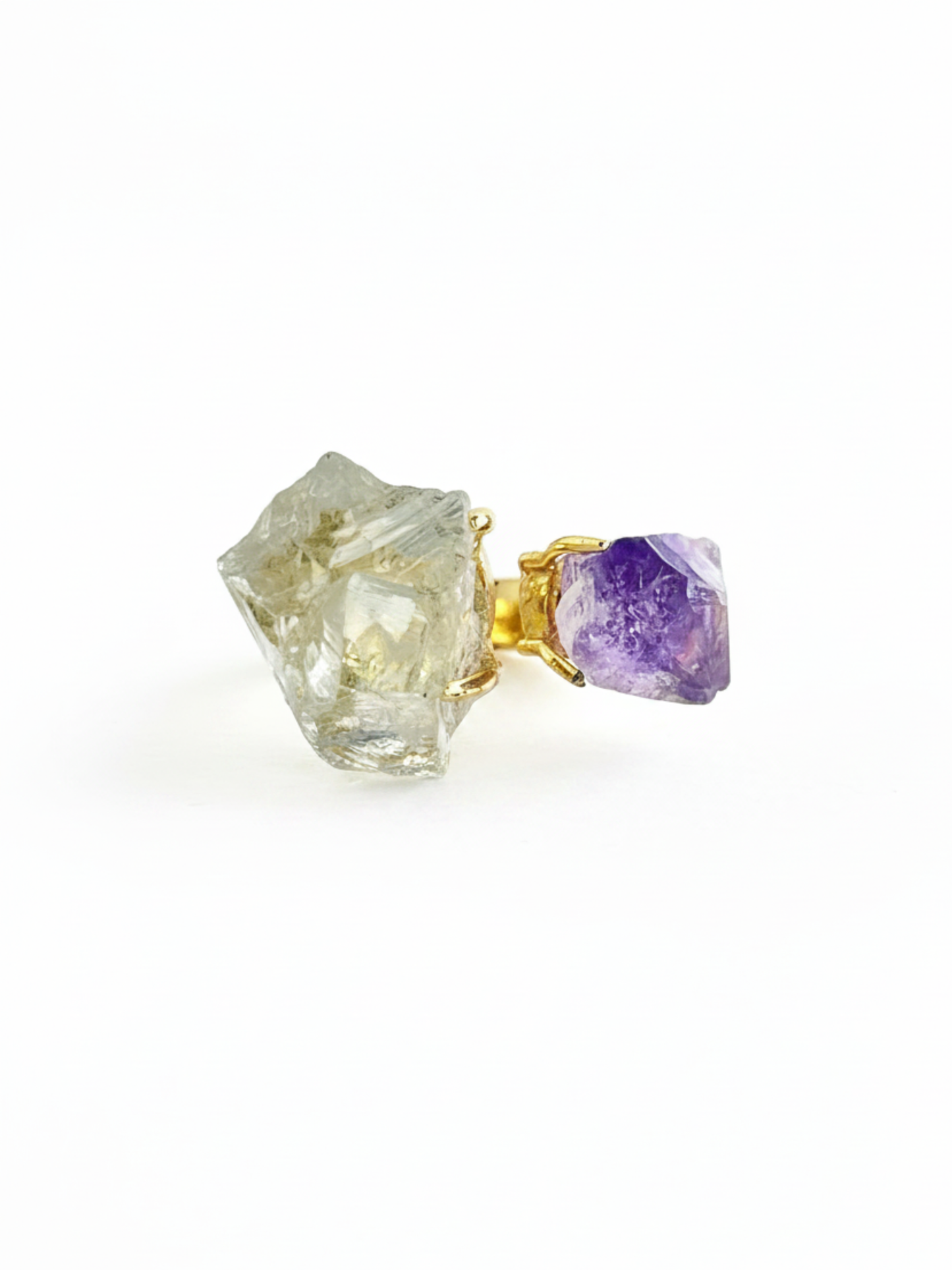 Raw Green Quartz and Amethyst ring with 18k gold plated brass setting, front view