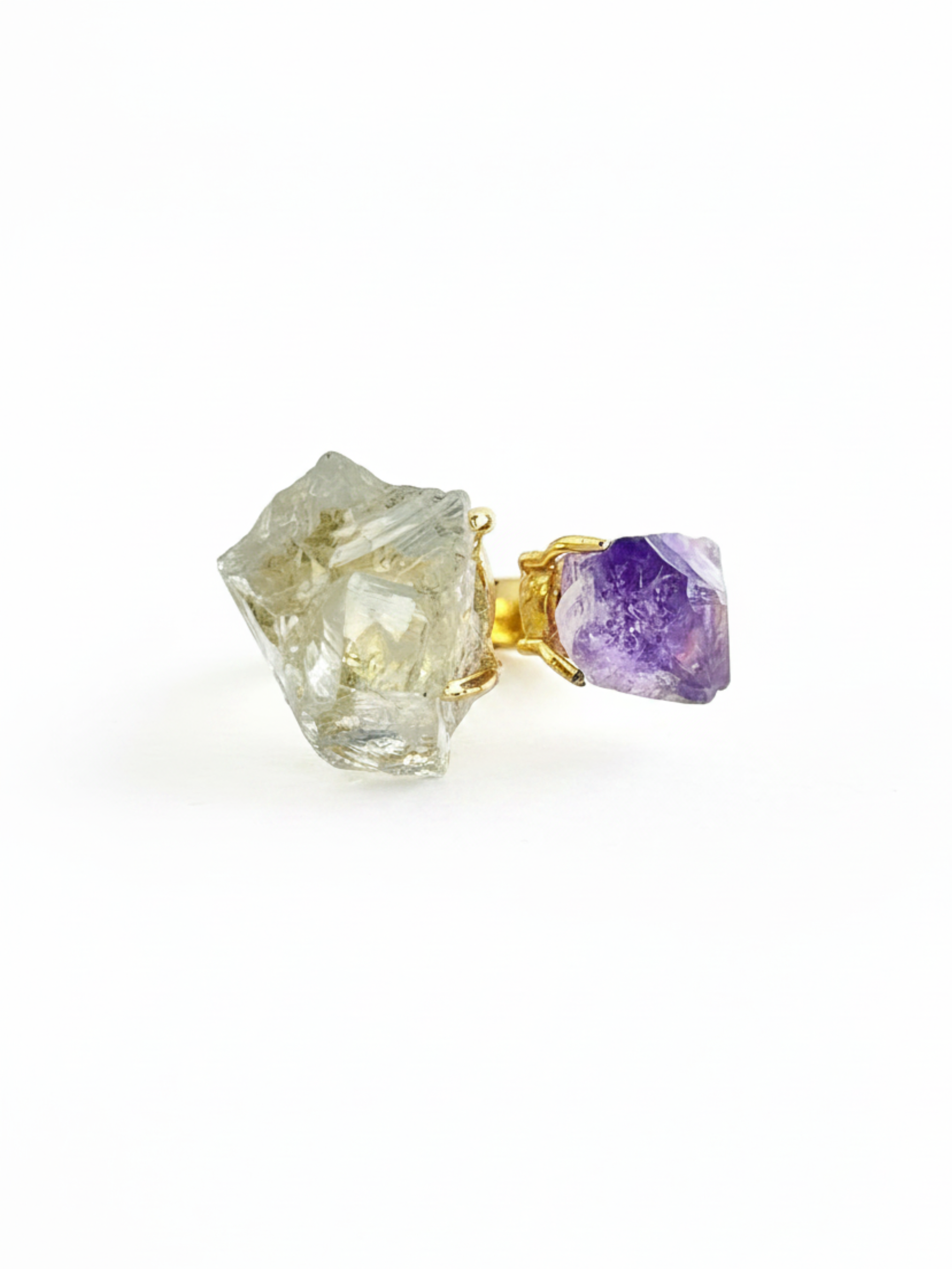 Raw Green Quartz and Amethyst ring with 18k gold plated brass setting, front view