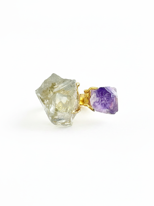 Raw Green Quartz and Amethyst ring with 18k gold plated brass setting, front view