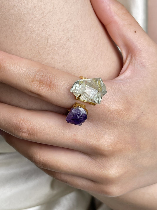 Close-up hand view of Raw Green Quartz and Amethyst crystal ring