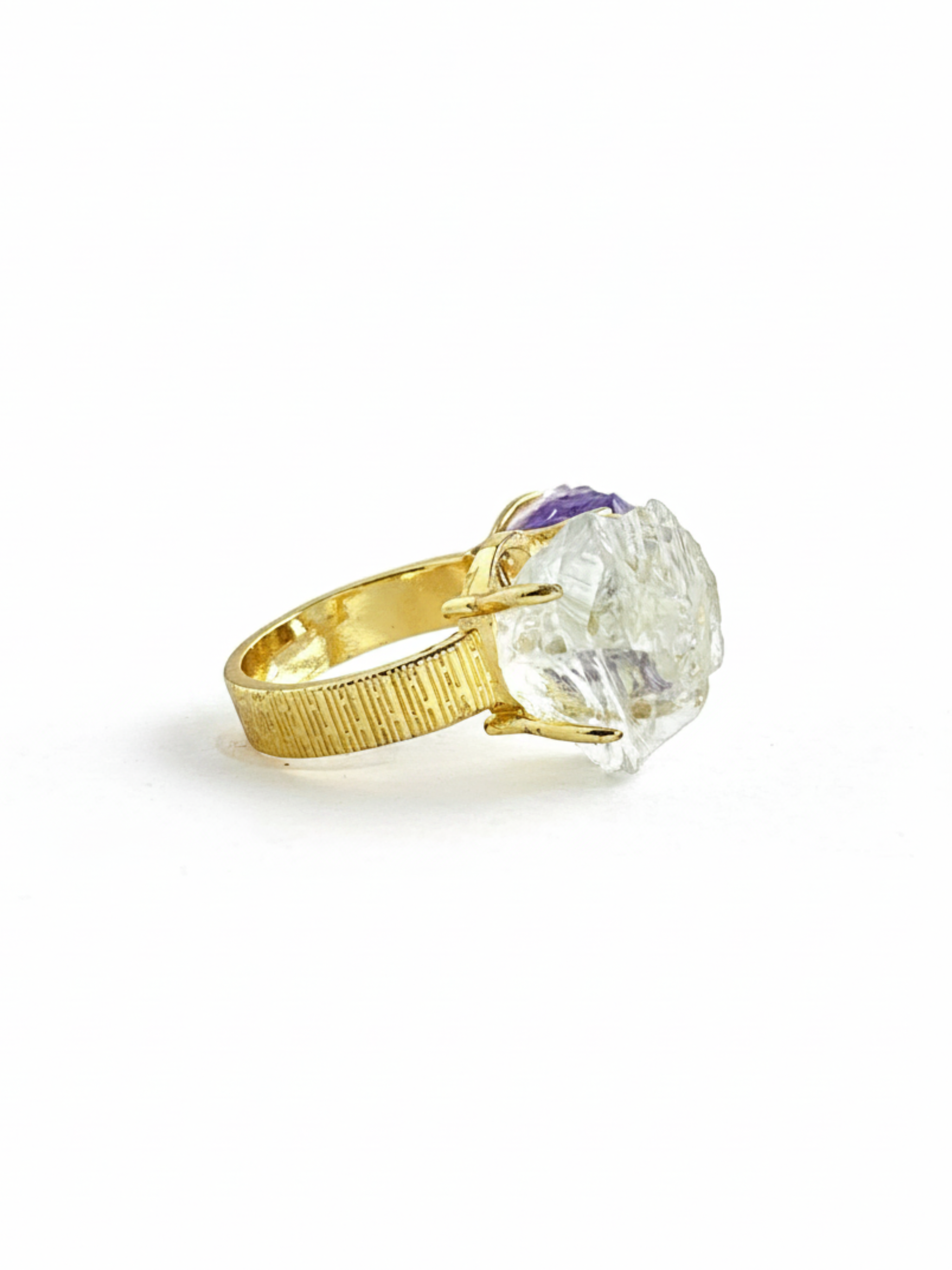 Side view of Raw Green Quartz and Amethyst ring with gold plated setting
