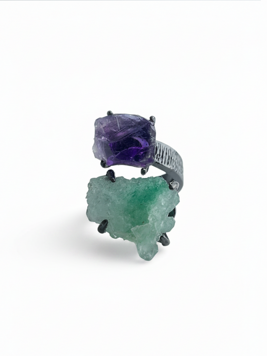 Raw Green Strawberry Quartz cluster and Amethyst ring front view
