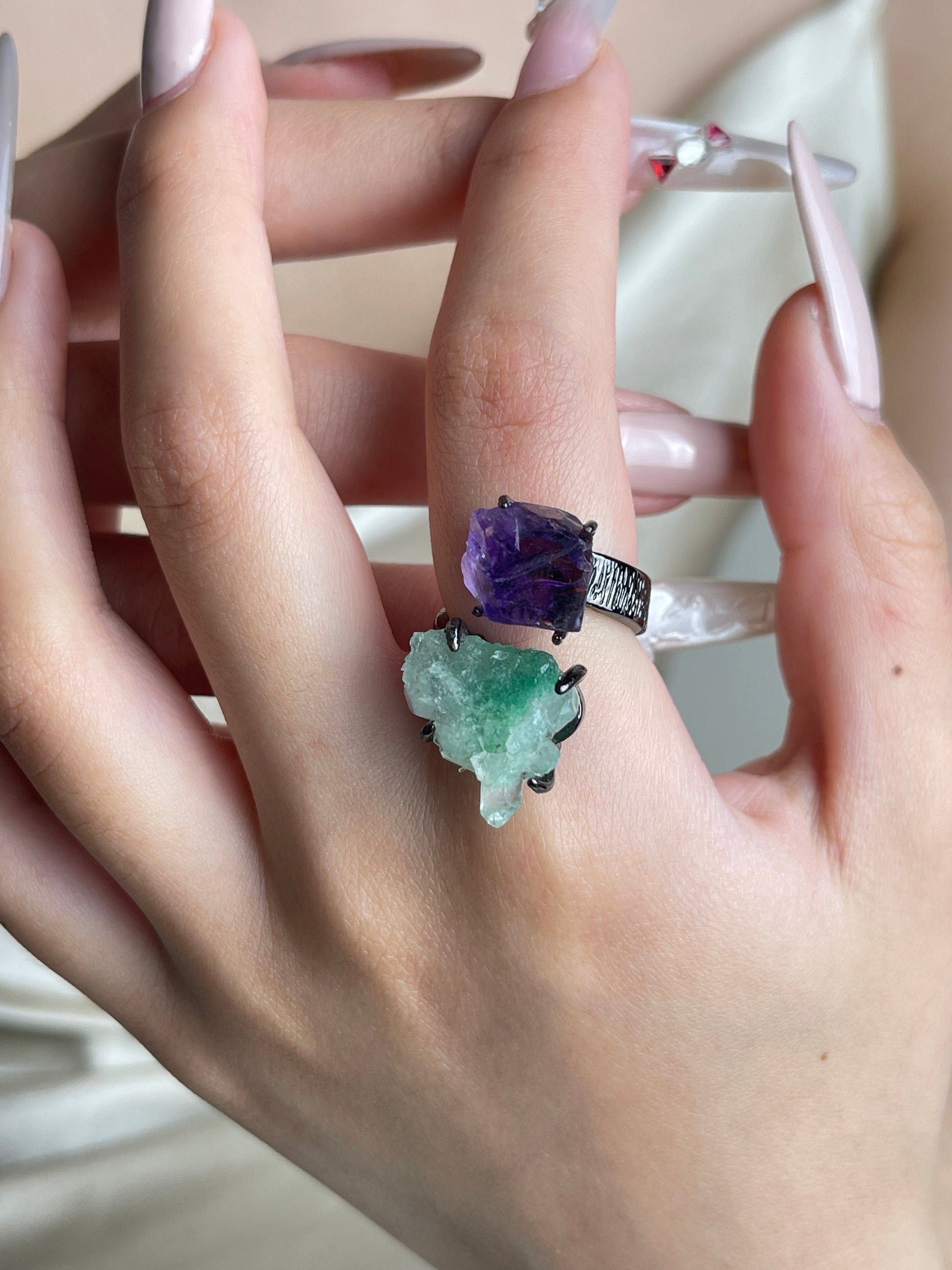 Raw Green Strawberry Quartz and Amethyst ring worn on hand