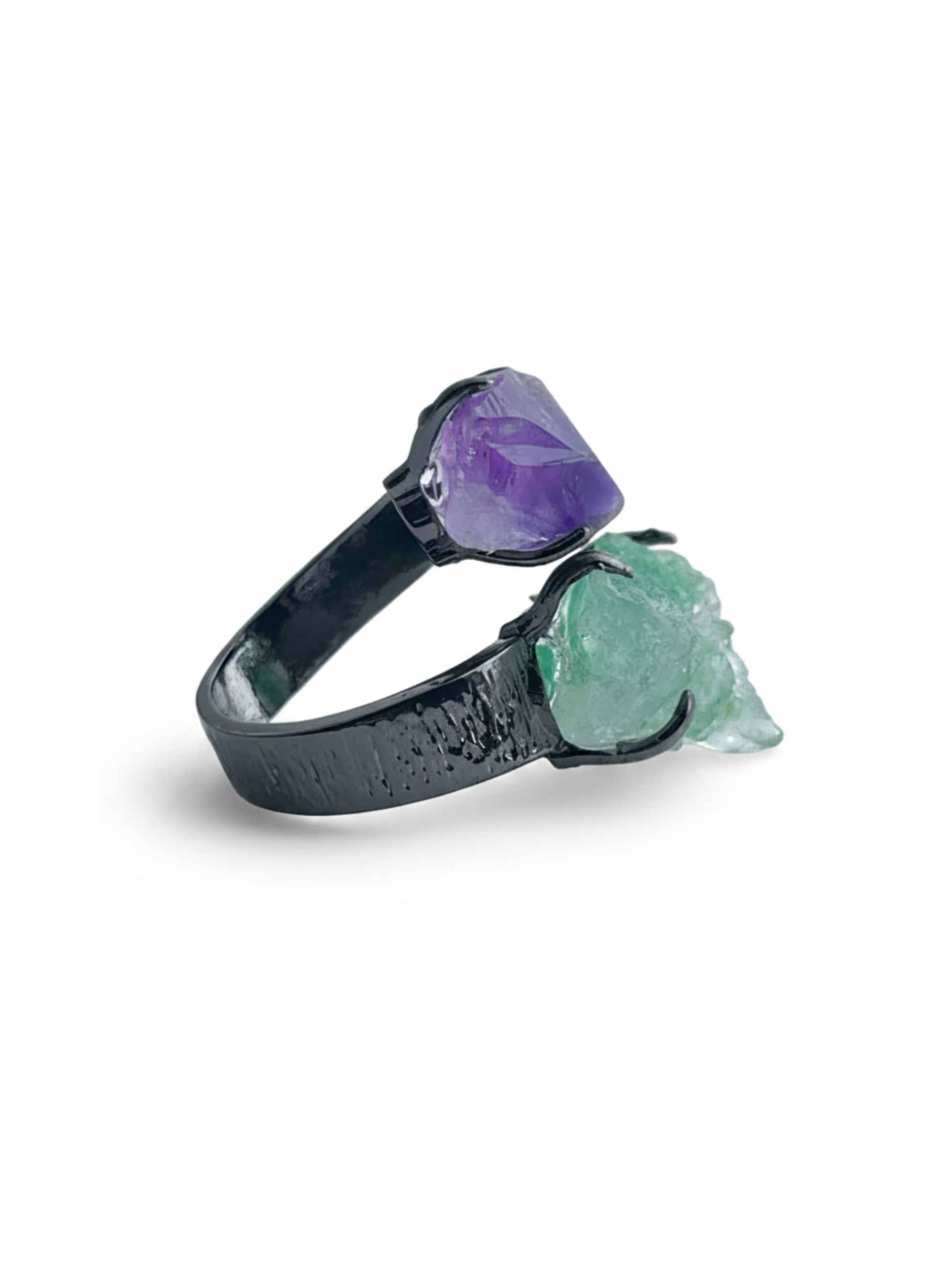 Side view of raw Green Strawberry Quartz cluster and Amethyst ring