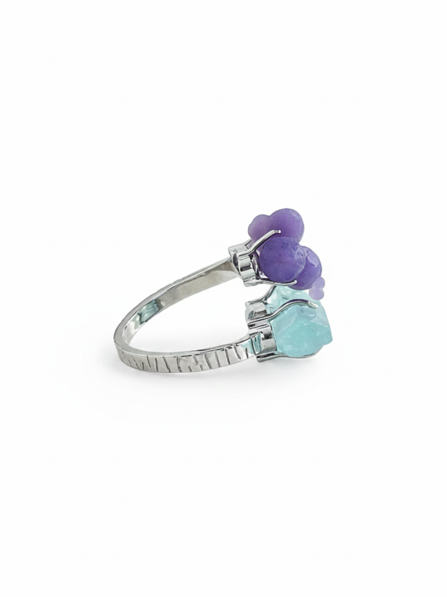 Side view of raw Fibrous Malachite and Purple Grape Agate ring
