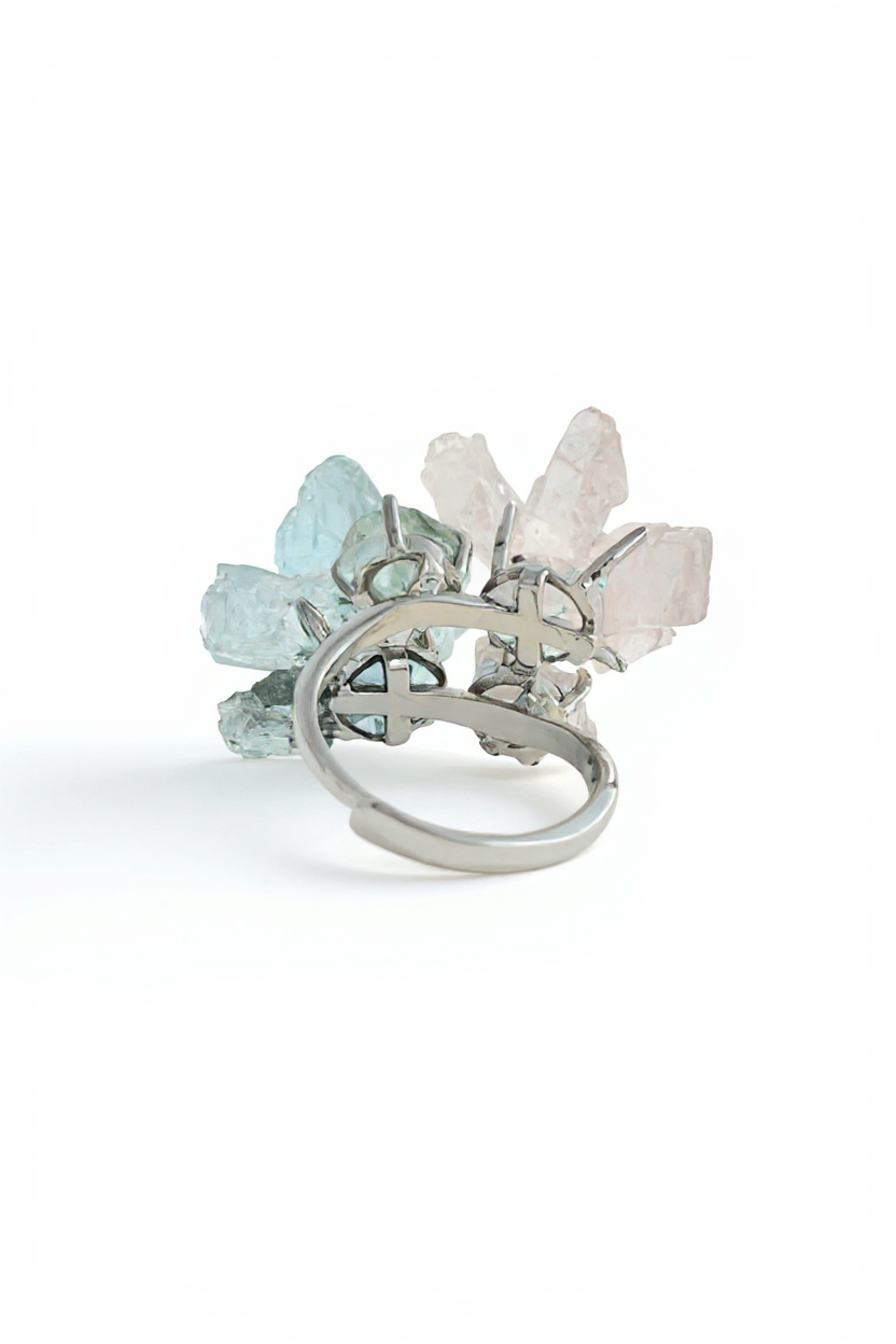 Back view of raw Morganite, Aquamarine and Dioptase flower ring setting
