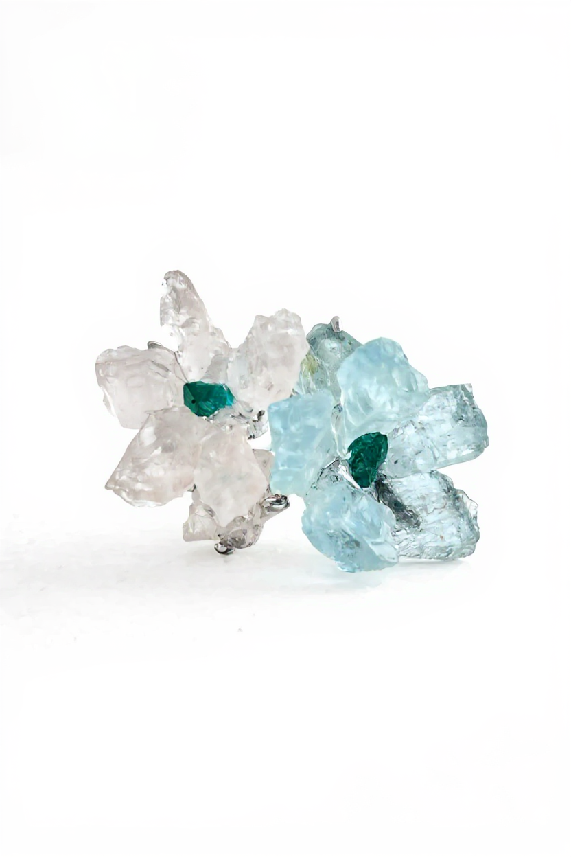 Raw Morganite, Aquamarine and Dioptase flower ring front view