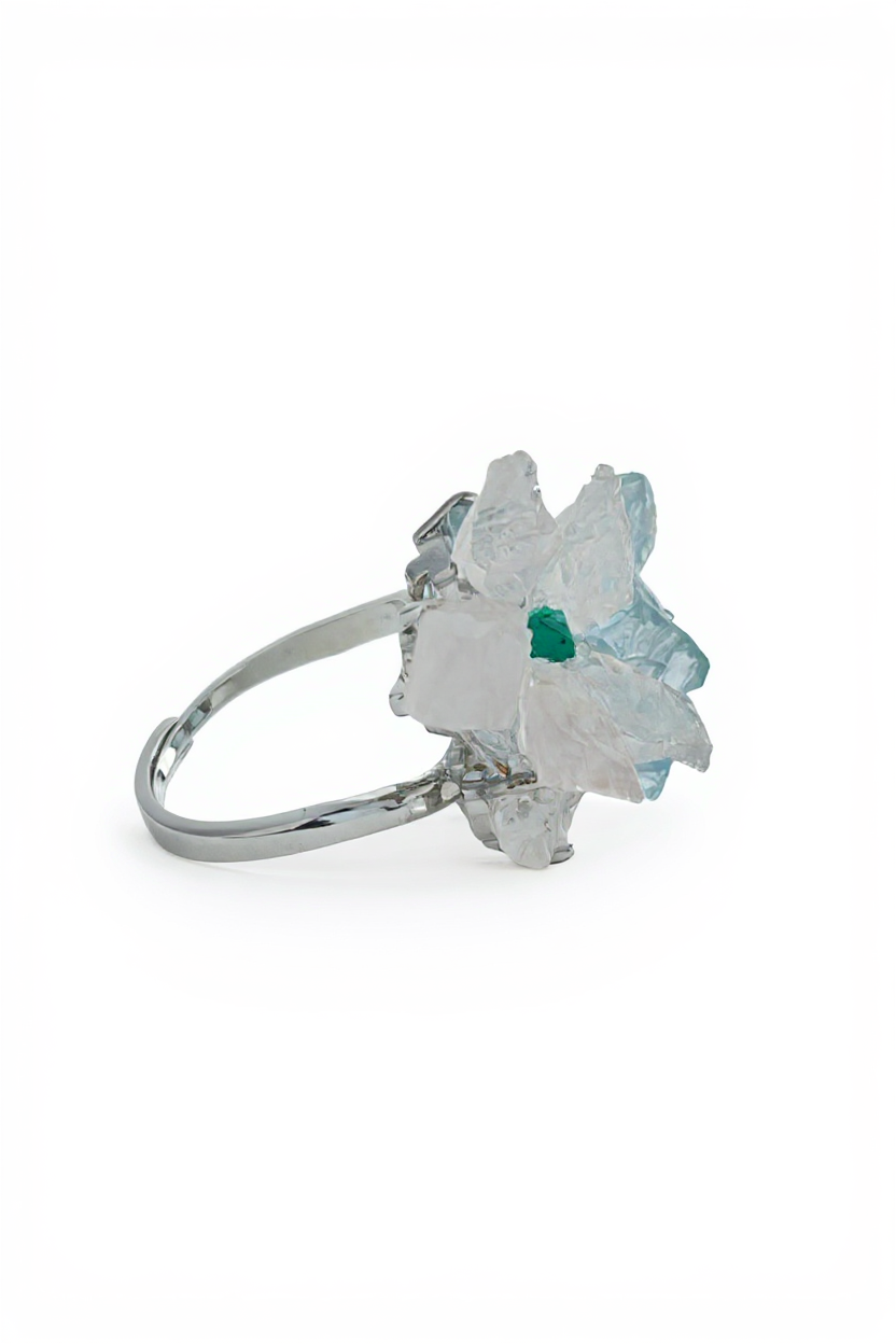 Side view of raw Morganite and Aquamarine flower ring with green Dioptase centers