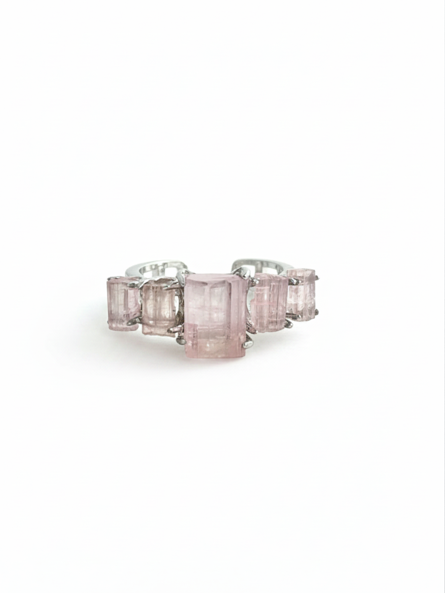 Raw Morganite hexagonal column band ring front view
