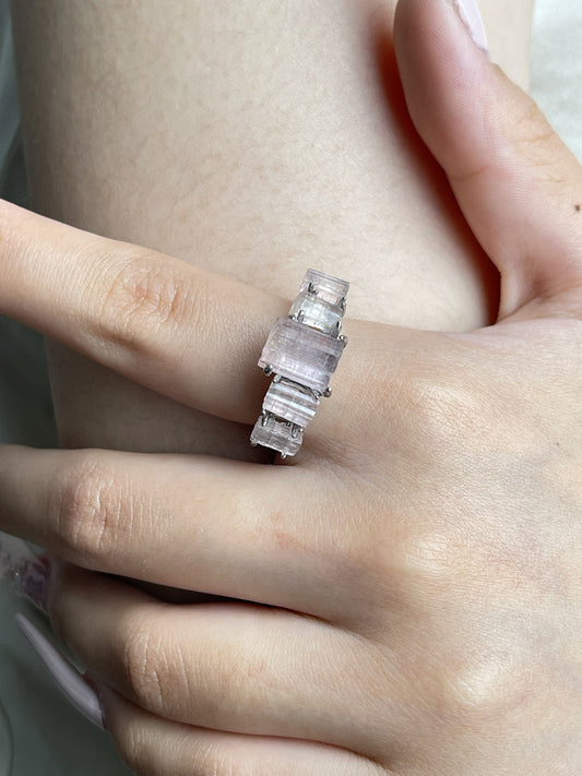 Close-up hand view of Raw Morganite hexagonal column band ring