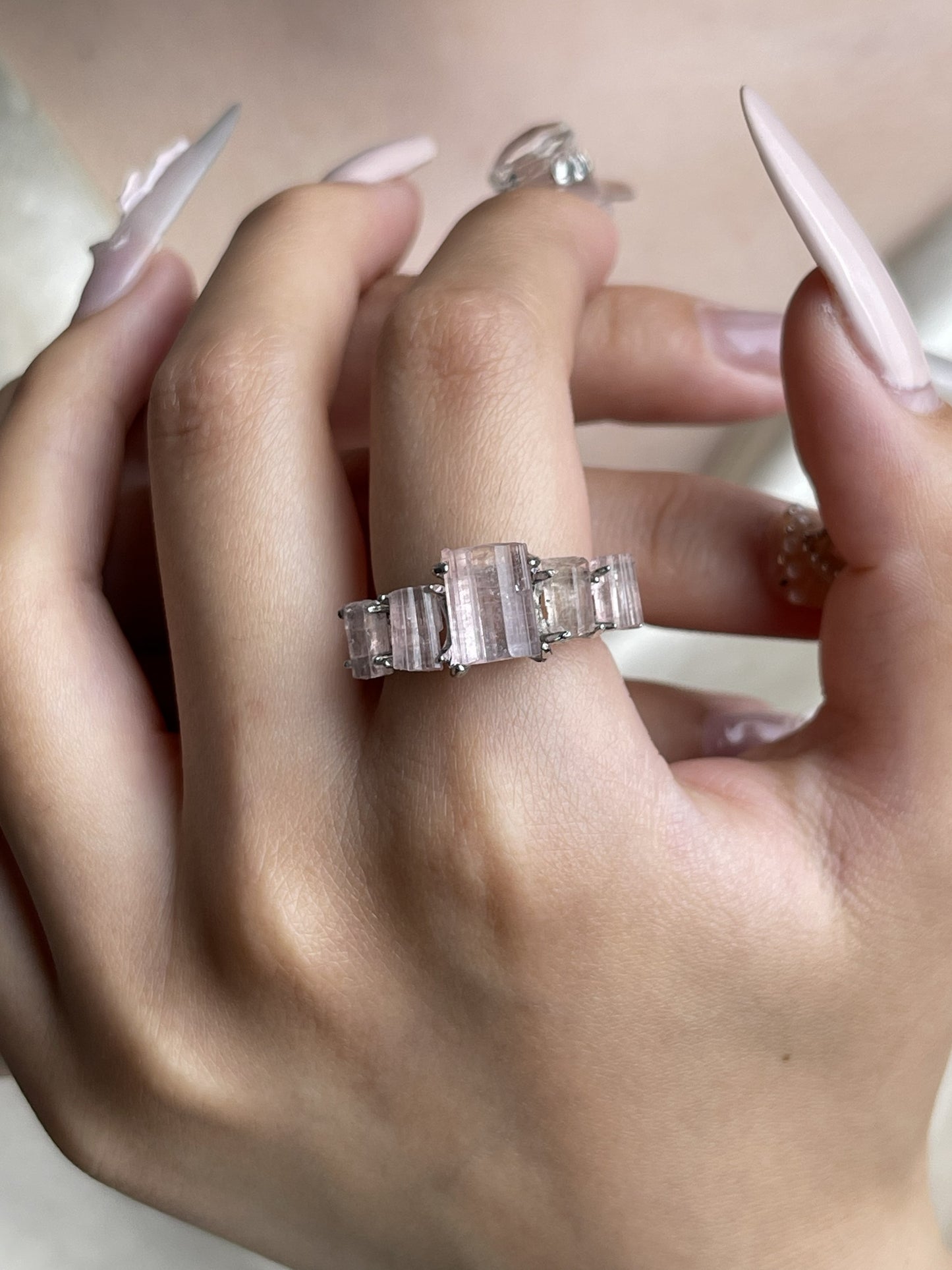 Raw Morganite hexagonal column band ring worn on hand