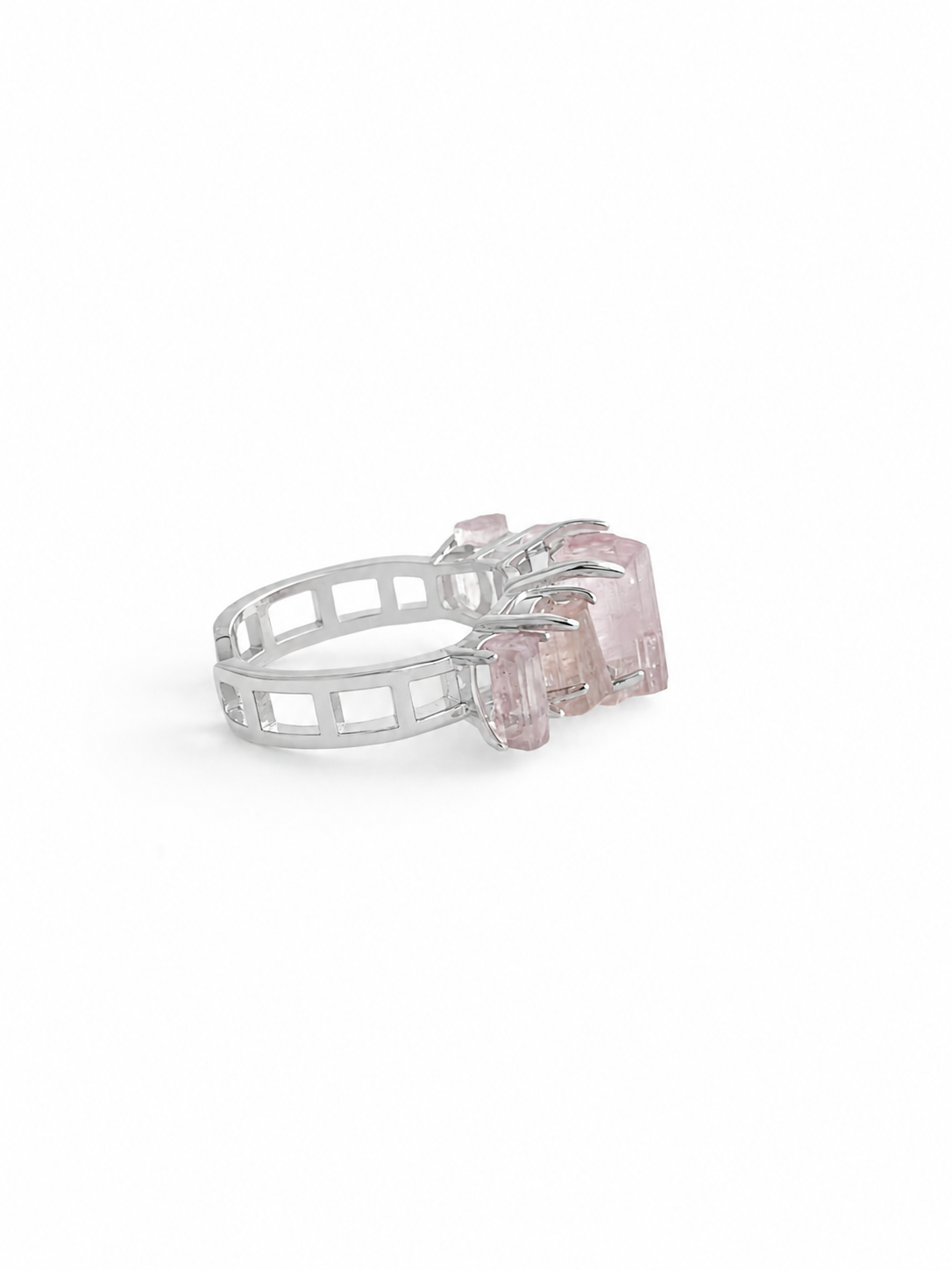 Side view of Raw Morganite hexagonal column band ring showing natural crystal columns