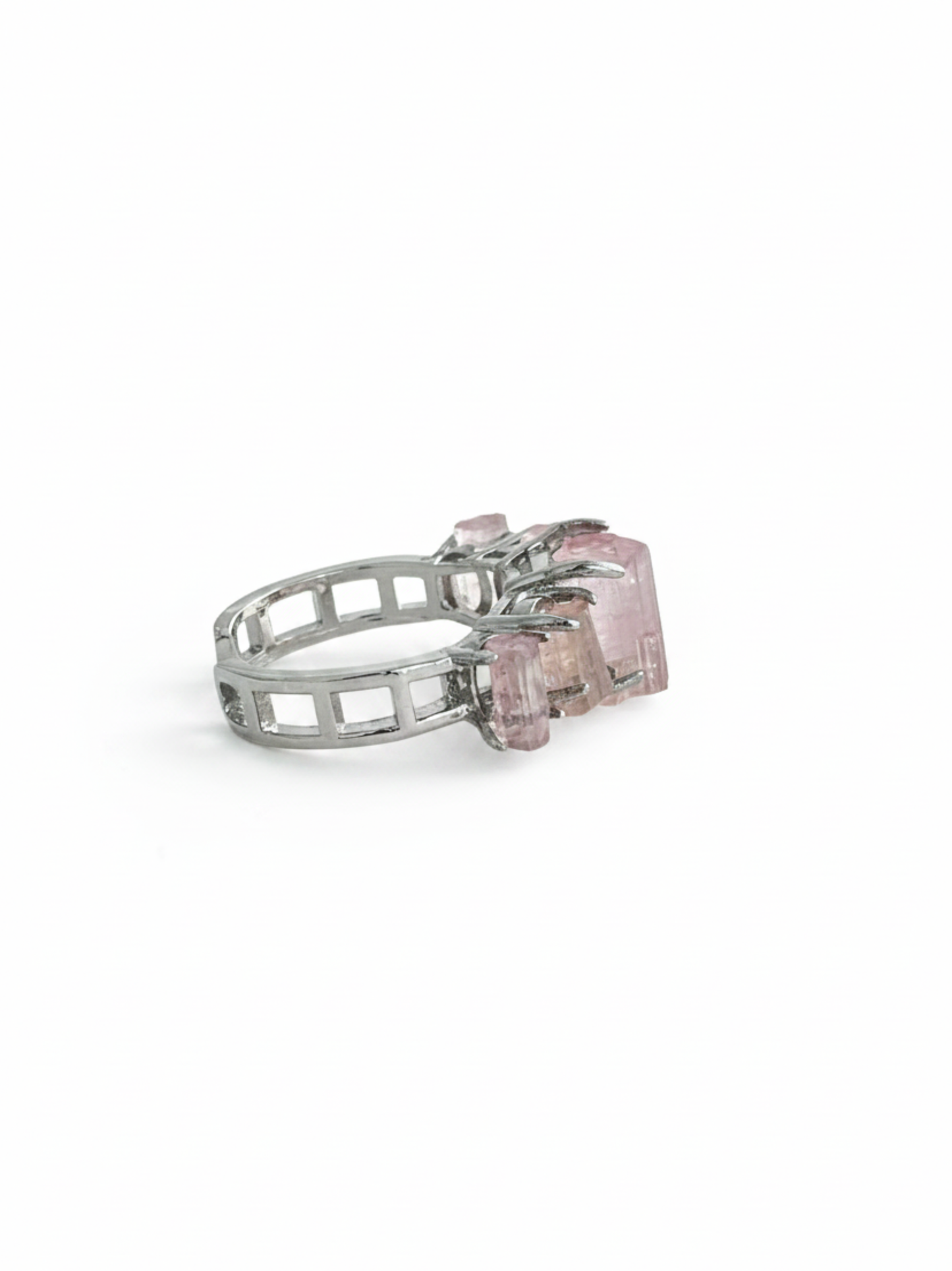 Side view of Raw Morganite hexagonal column band ring showing natural crystal columns