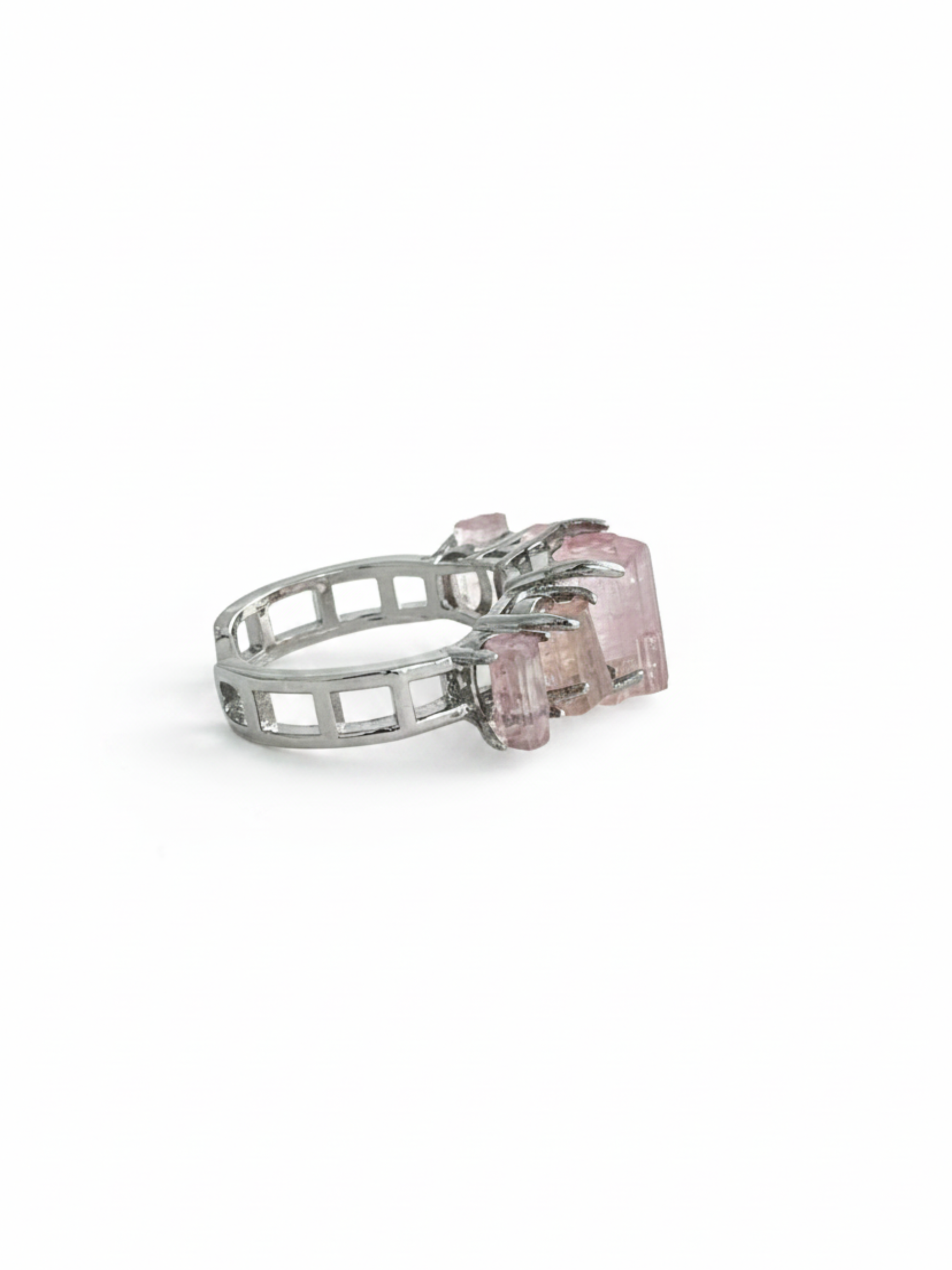 Side view of Raw Morganite hexagonal column band ring showing natural crystal columns