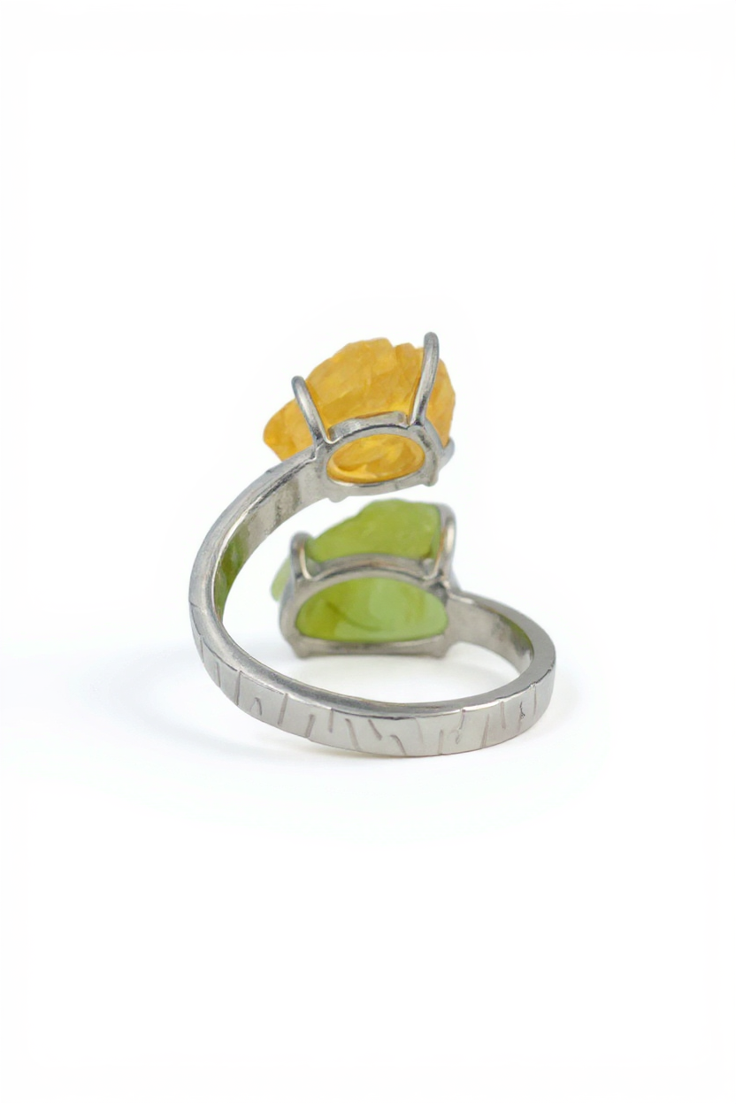Back view of adjustable raw Peridot and Citrine ring