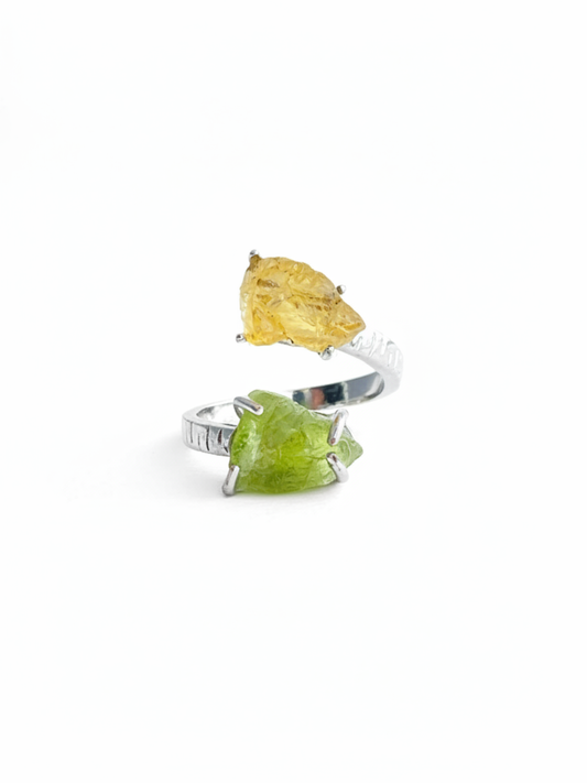 Raw Peridot and Citrine open ring front view