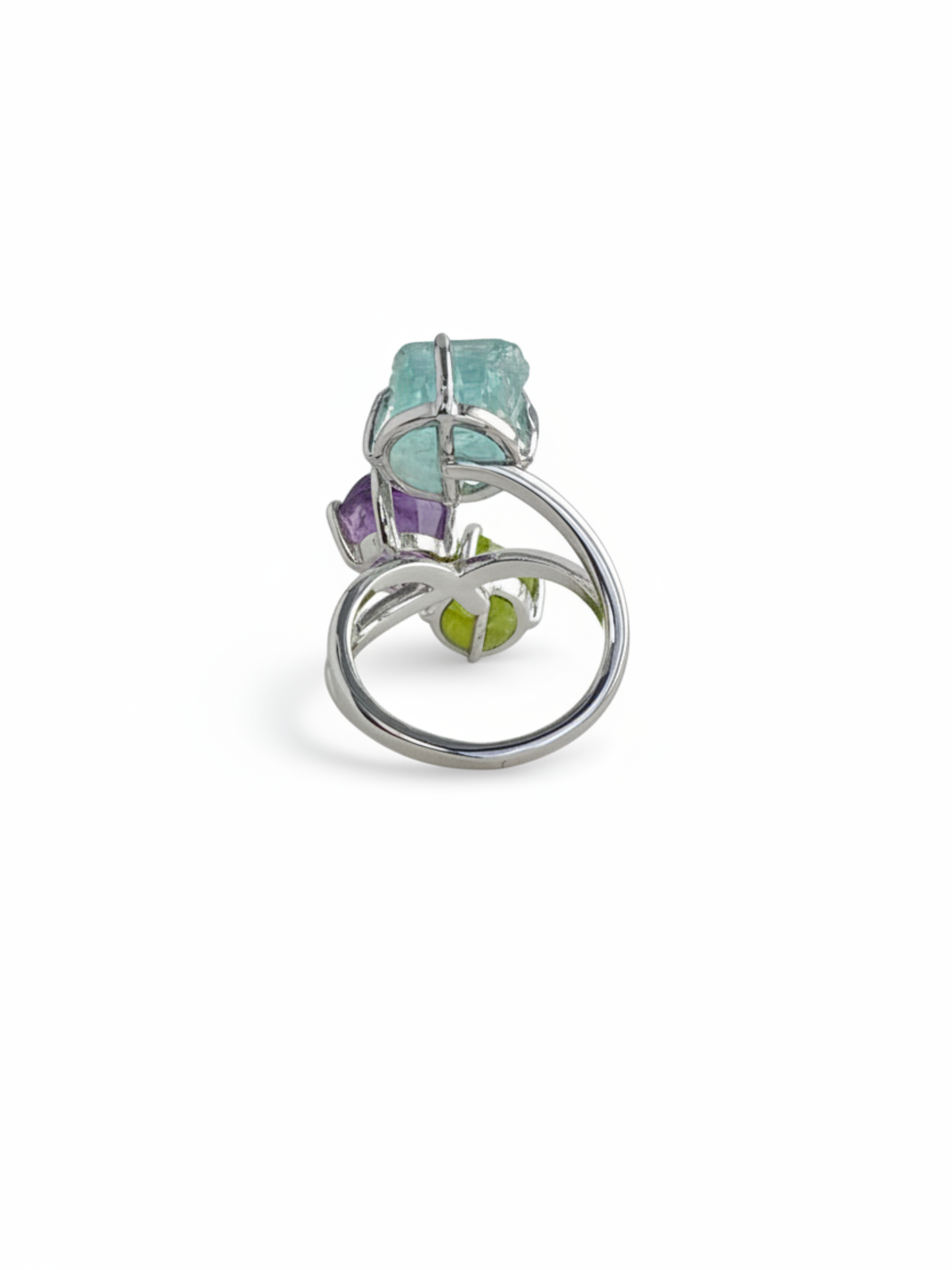Back view of raw peridot, purple grape agate and raw aquamarine ring