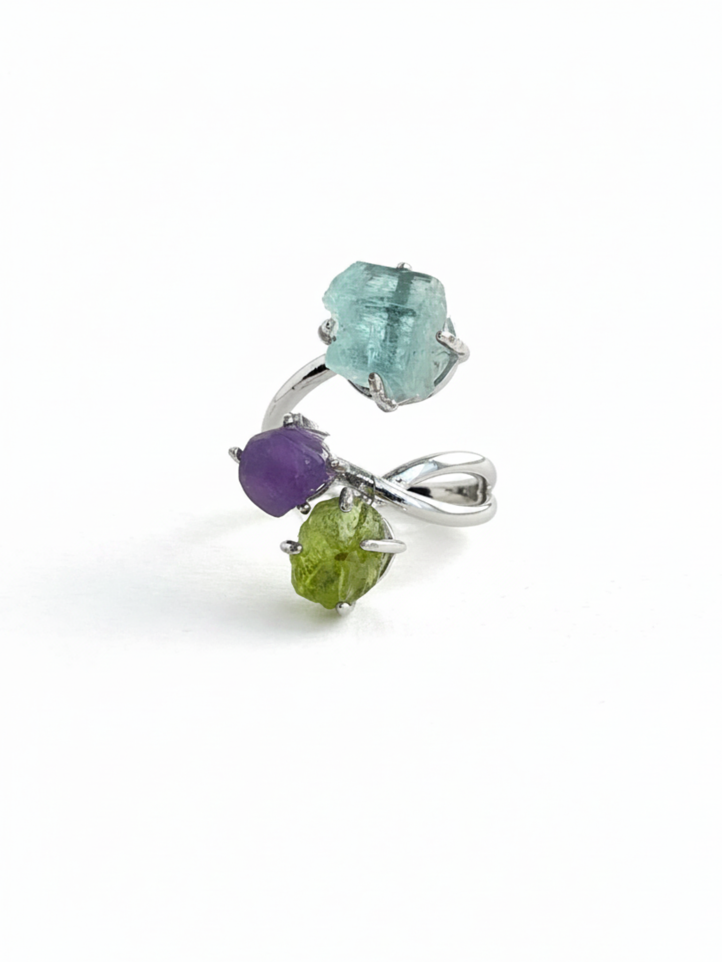 Raw peridot, purple grape agate and raw aquamarine ring front view