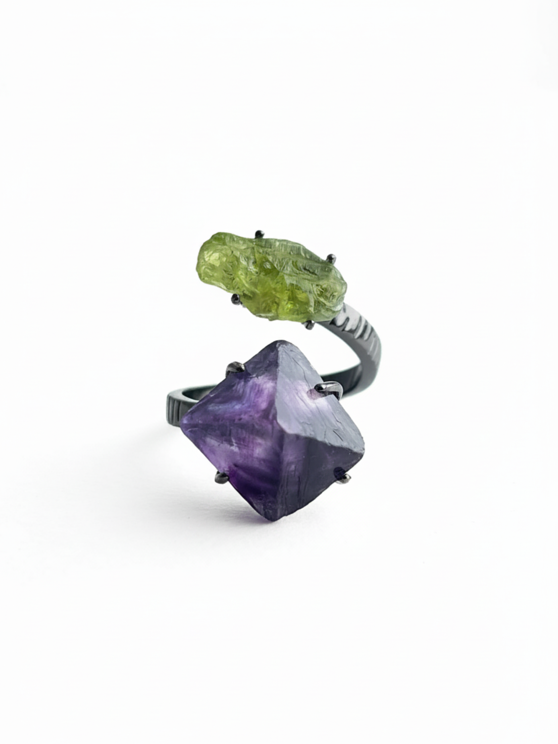 Raw peridot and purple octahedral fluorite ring front view