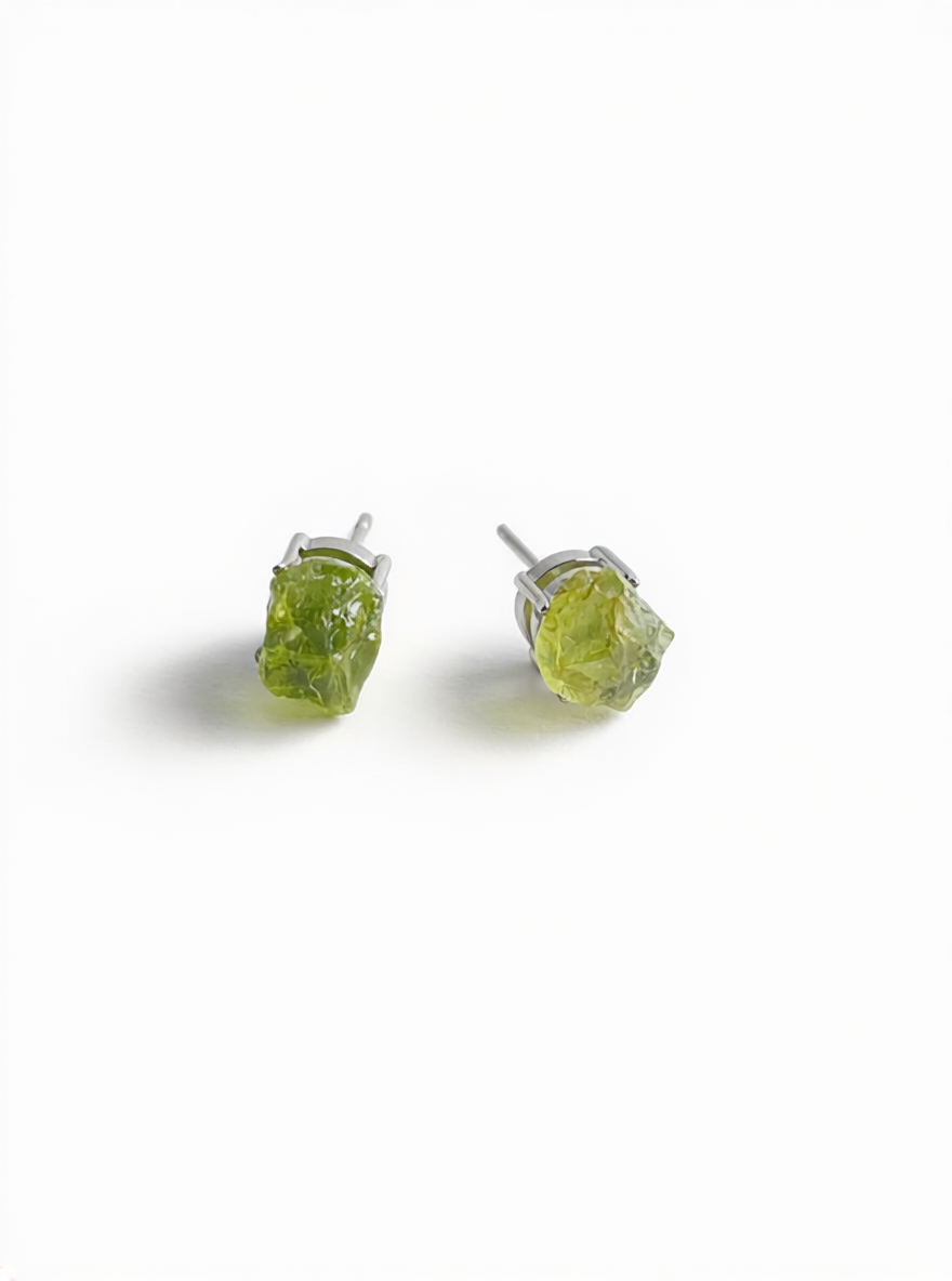 Raw Peridot Stud Earrings front view