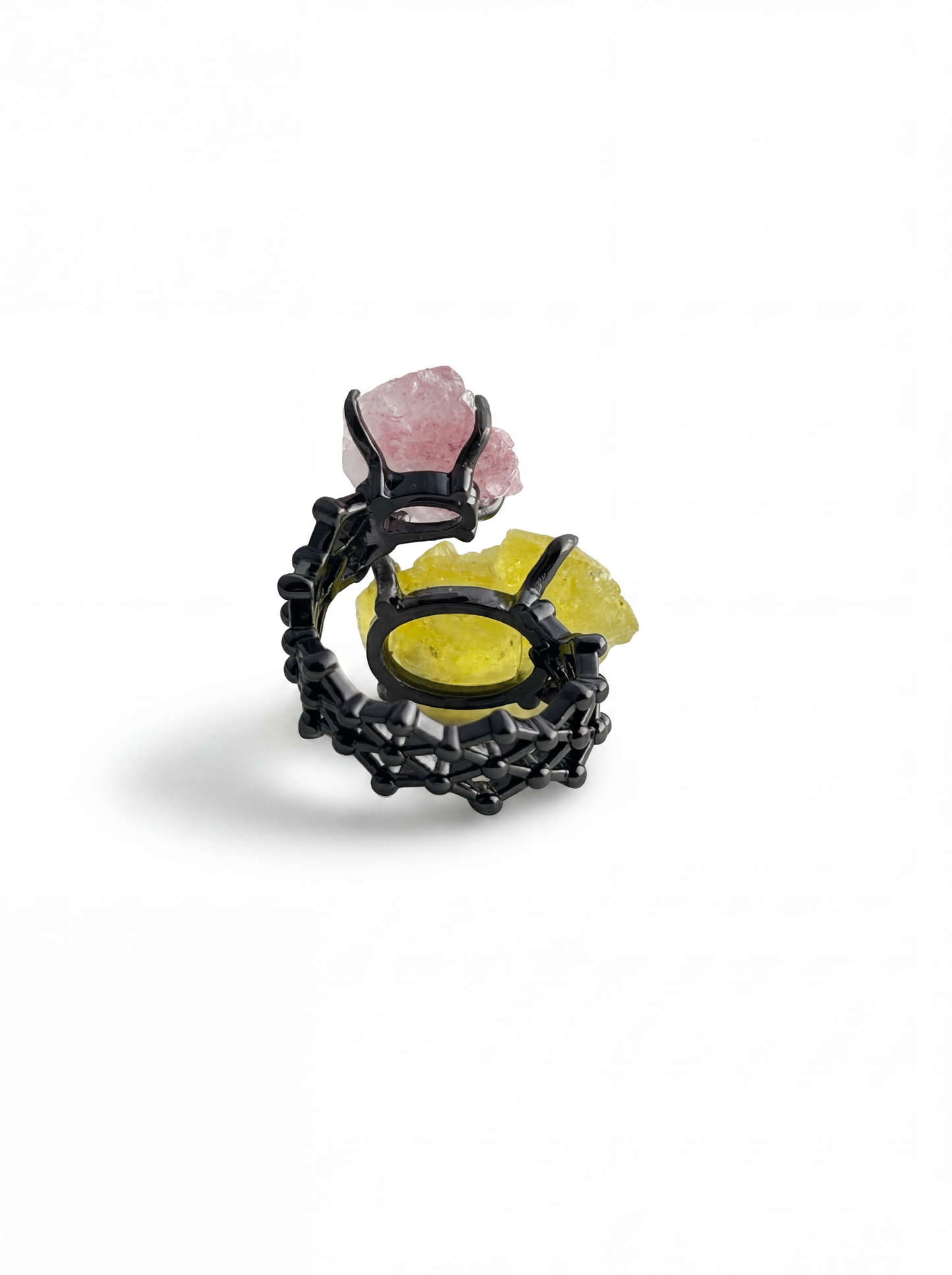 Back view of Raw Pink Strawberry Quartz and Brucite ring with black rhodium plated band