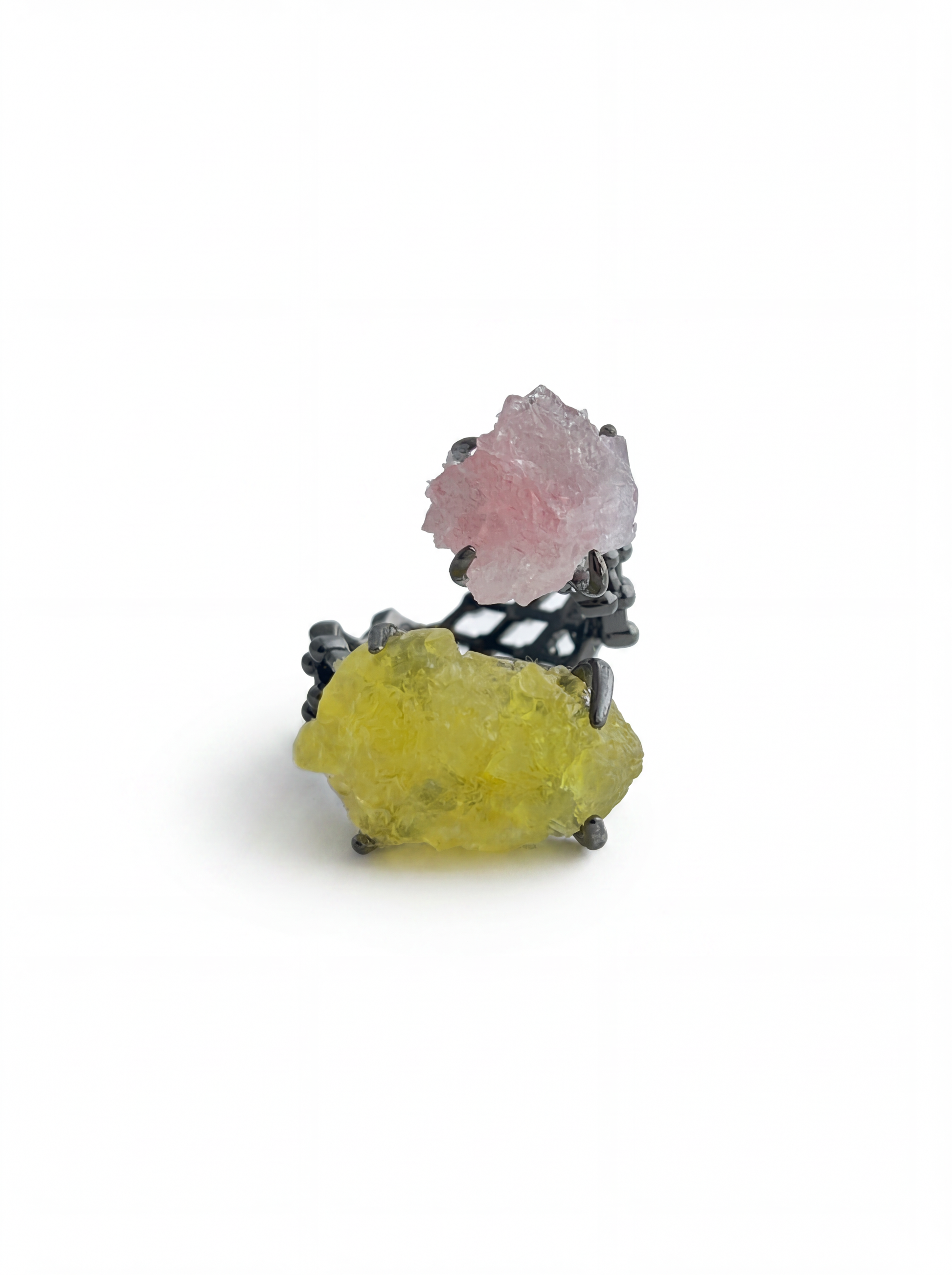 Raw Pink Strawberry Quartz and Brucite two stone ring front view