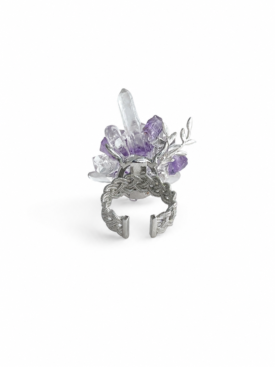 Back view of raw Purple Fluorite, Amethyst, Herkimer Diamond Quartz and Clear Quartz ring setting