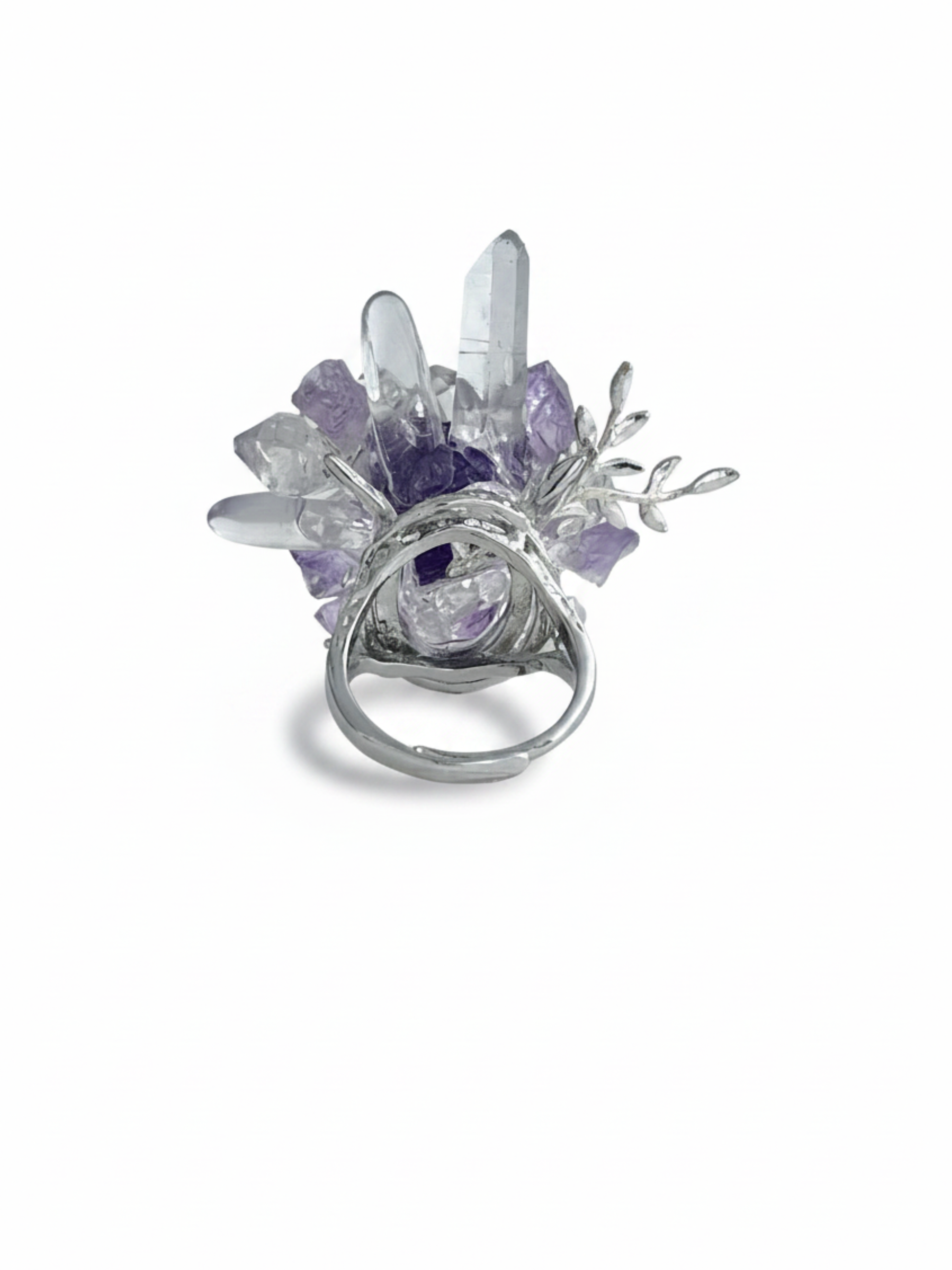 Back view of raw Purple Fluorite, Amethyst, Herkimer Diamond Quartz and Clear Quartz ring setting