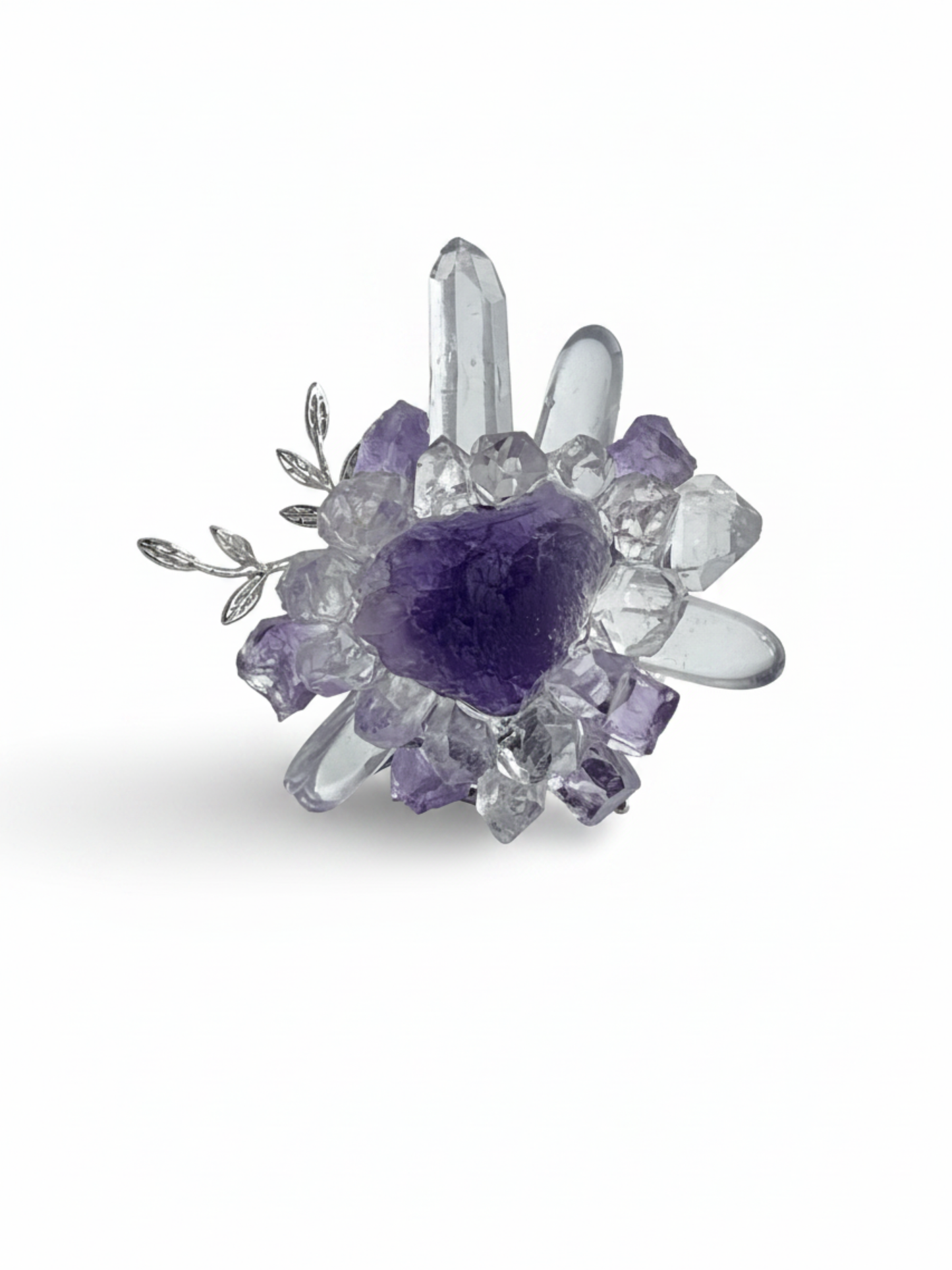 Raw Purple Fluorite, Amethyst, Herkimer Diamond Quartz and Clear Quartz ring front view