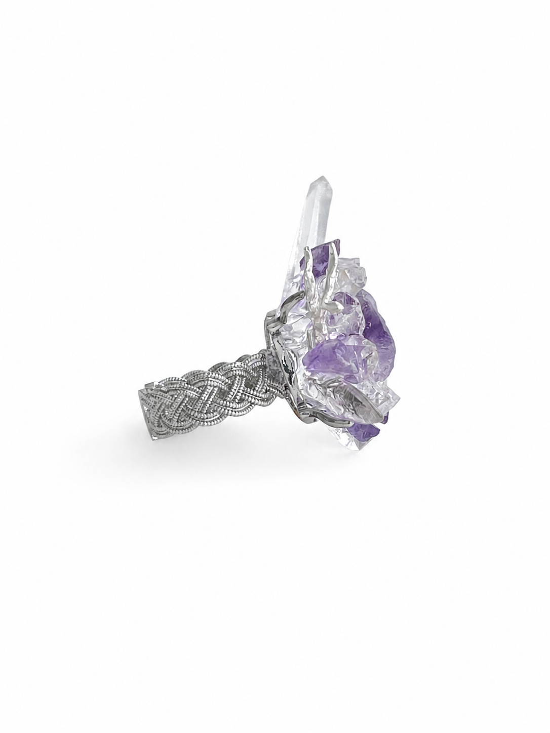 Side view of raw Purple Fluorite and Amethyst mineral specimen ring with clear quartz points