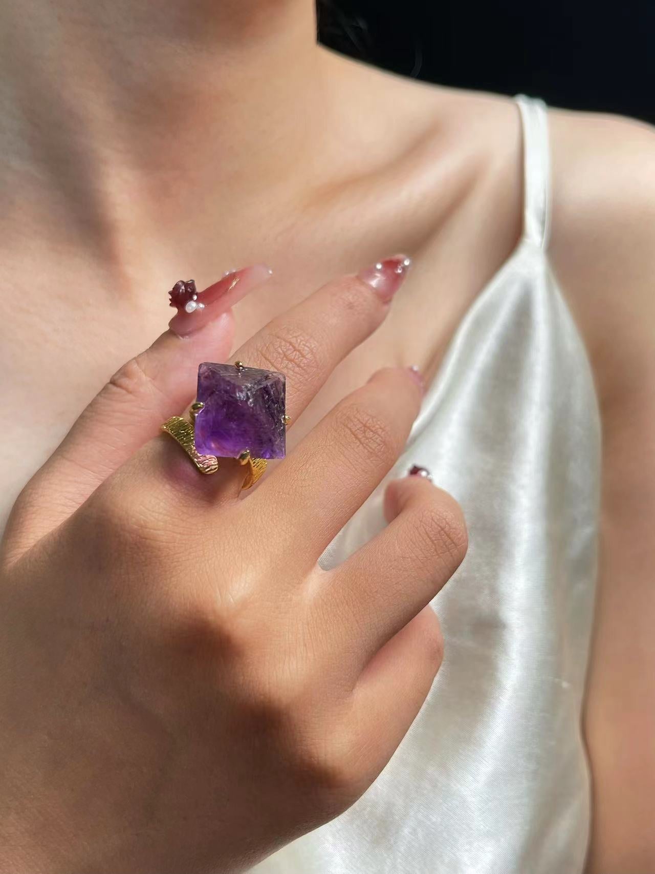 Octahedral Amethyst Fluorite Ring